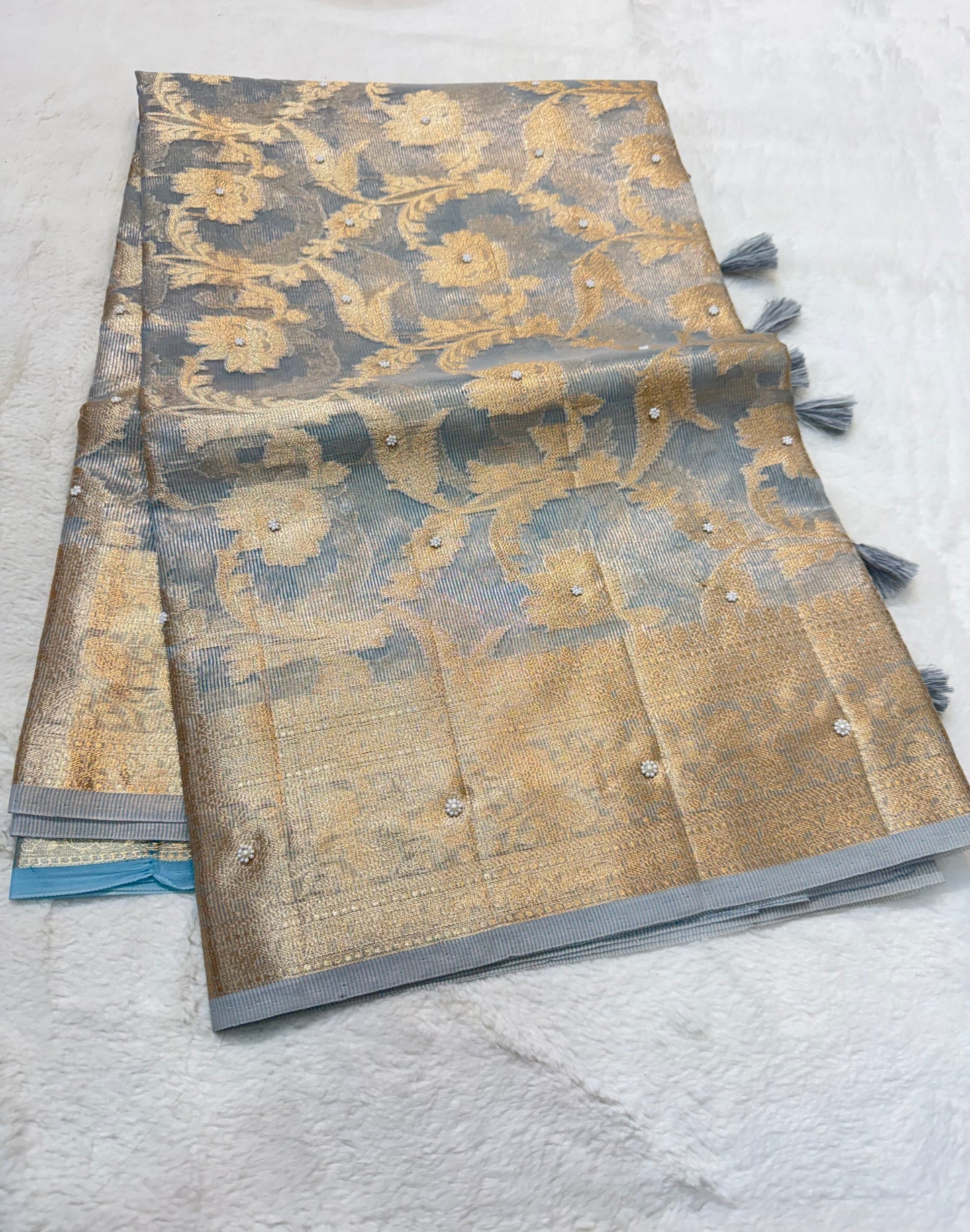 Light slate blue tissue kota designer handwork premium Banarasi saree