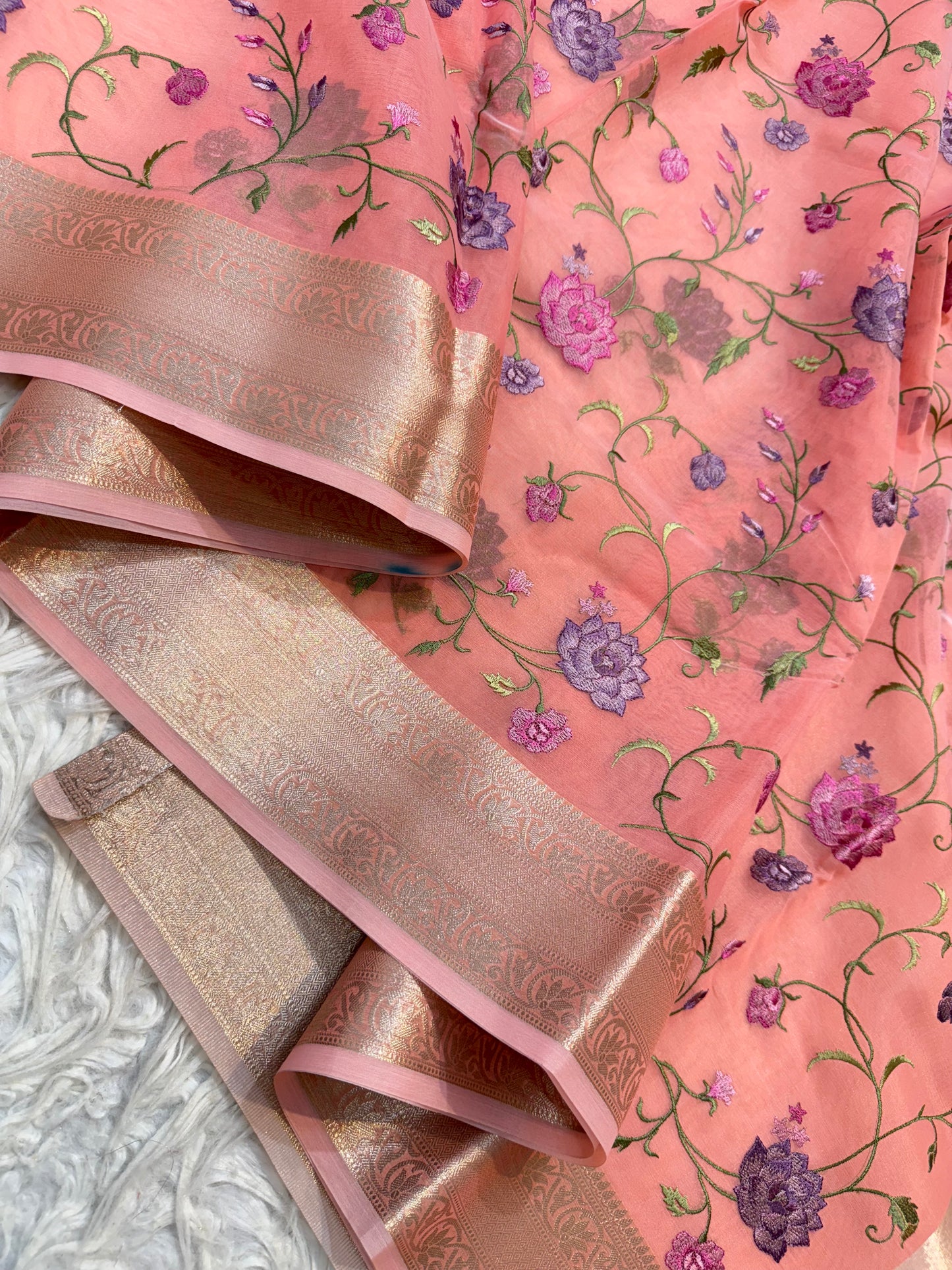 Peach shade organza embroidery Banarasi saree