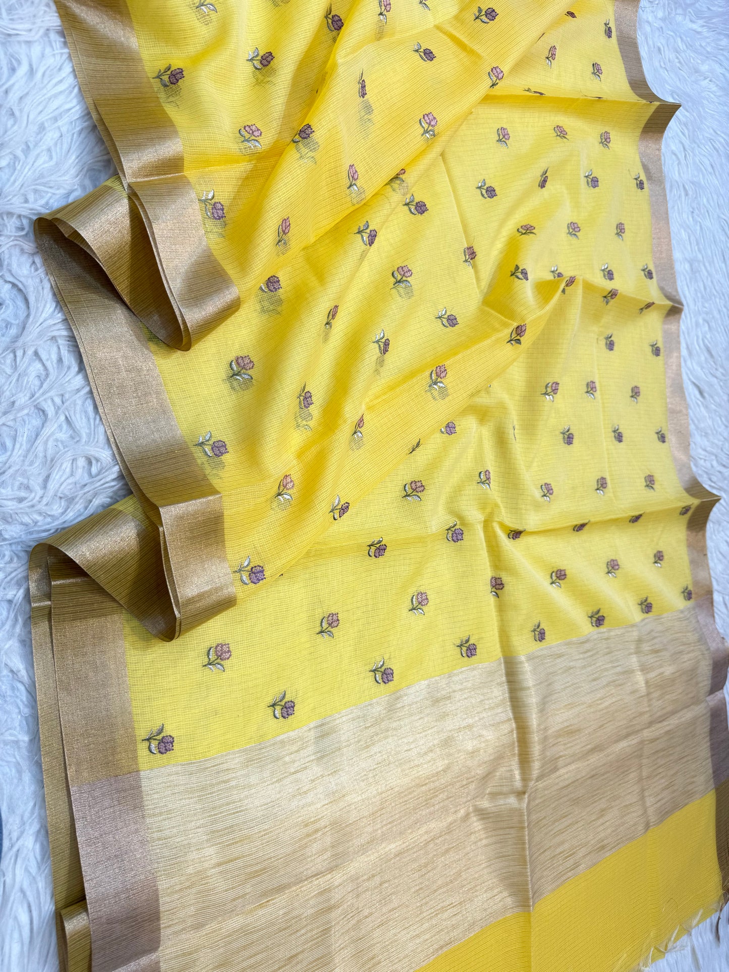 Yellow shade cotton kota embroidery Banarasi saree