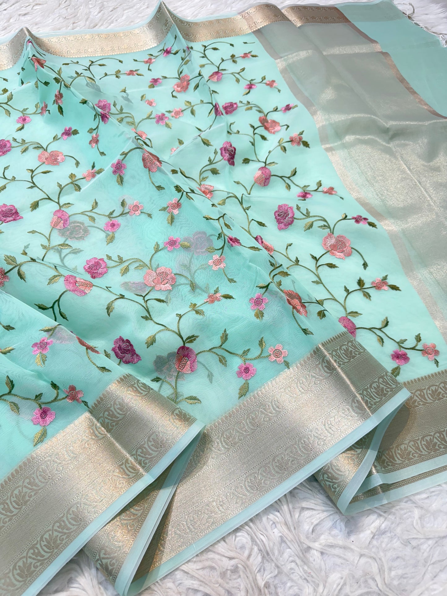 Turquoise shade organza embroidery Banarasi saree