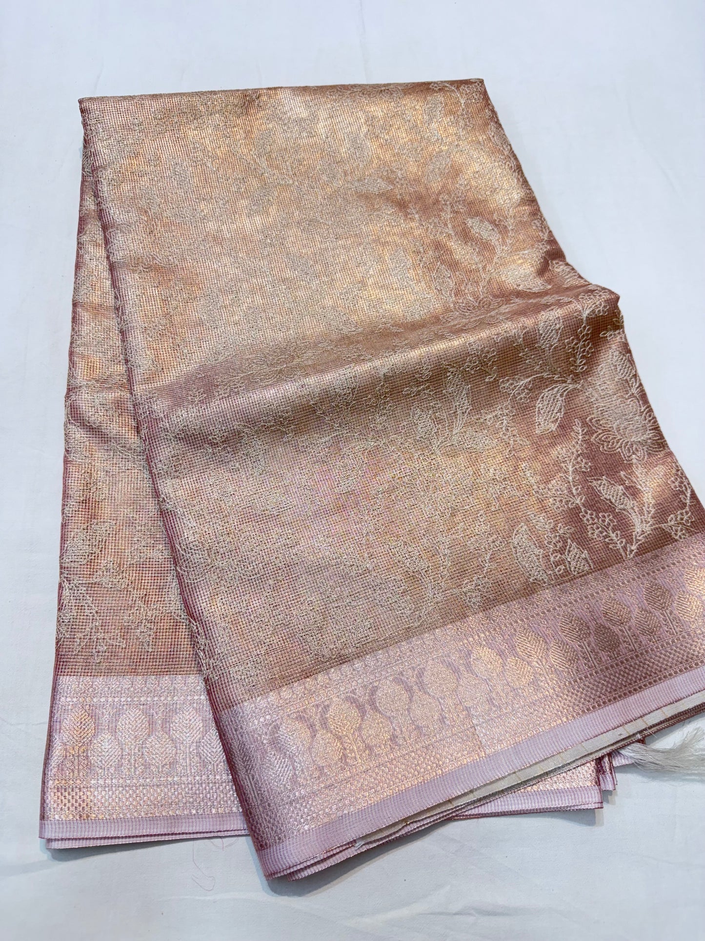 Peach shade tissue kota embroidery primum Banarasi saree