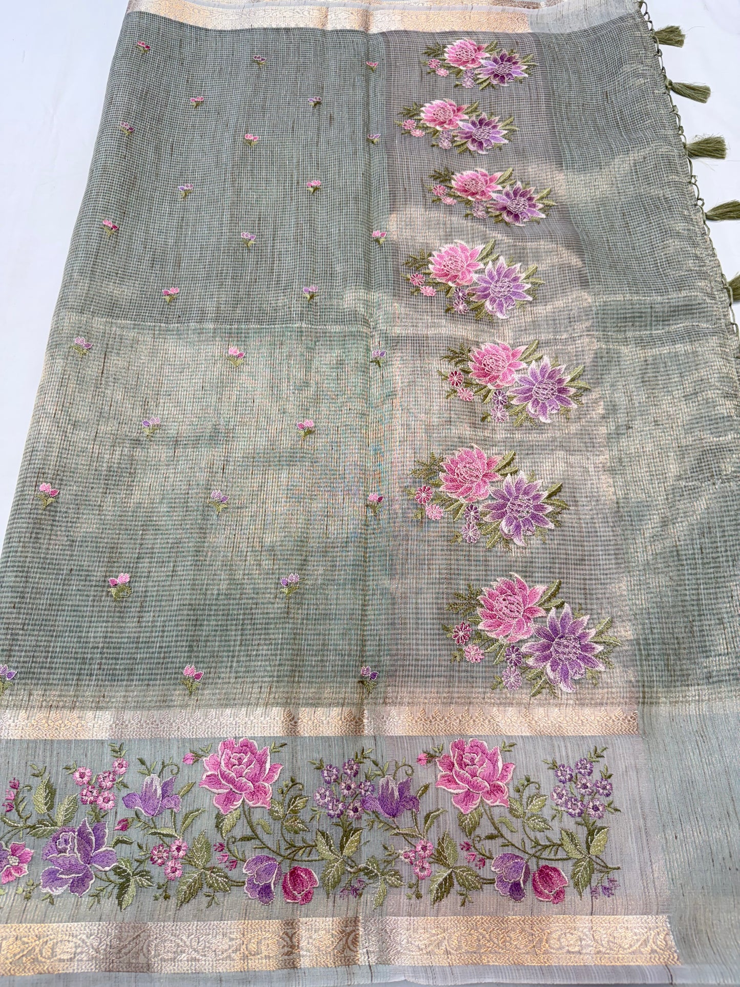 Pista green shade tissue linen designer embroidery Banarasi saree