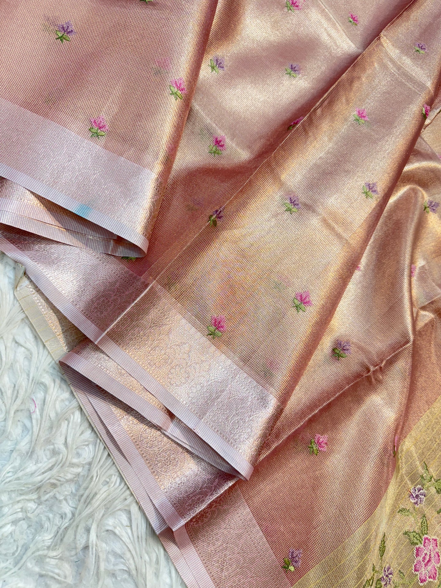 Peach shade tissue kota embroidery primum Banarasi saree