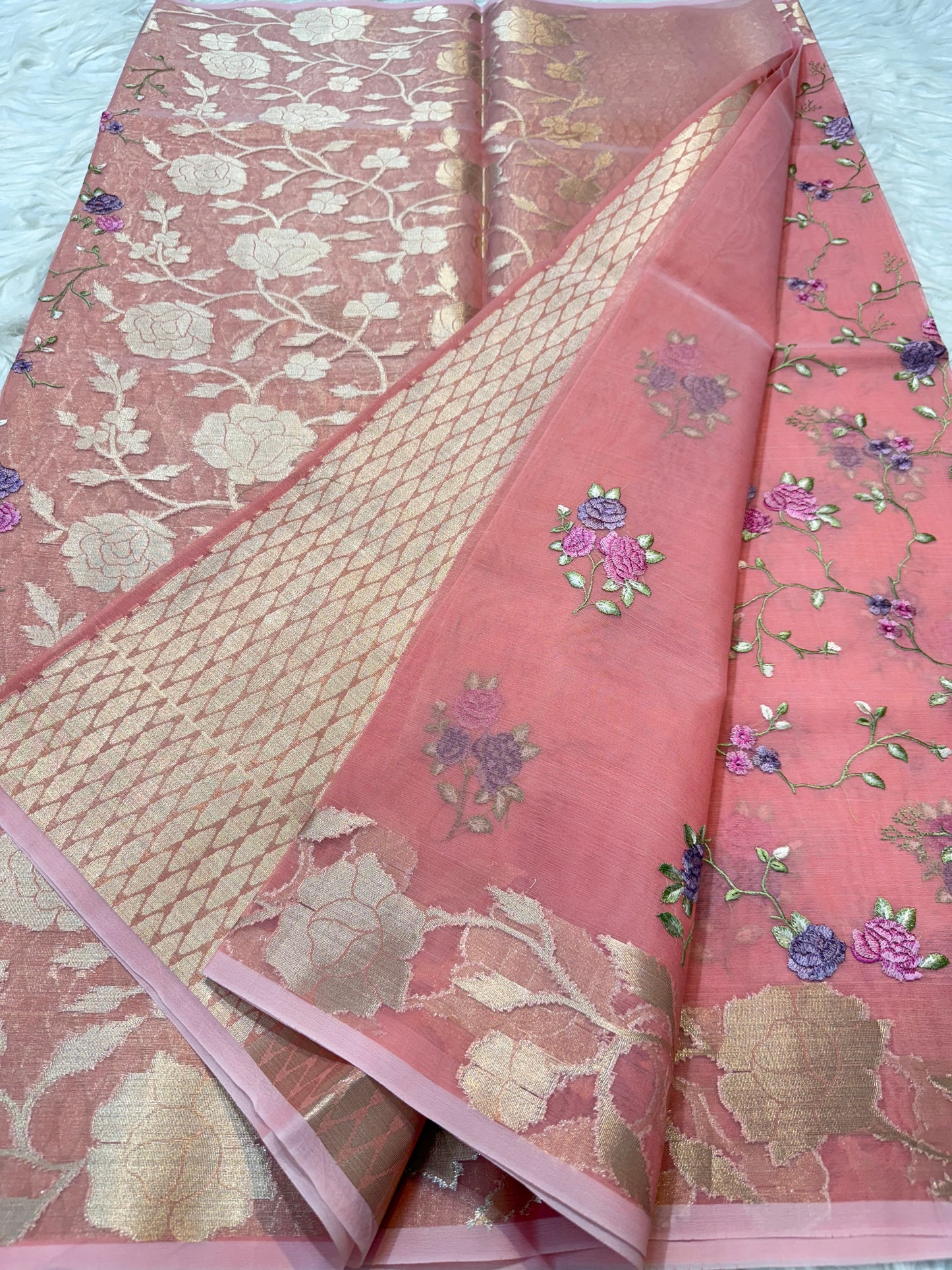 Peach green shade kora organza embroidery Banarasi saree