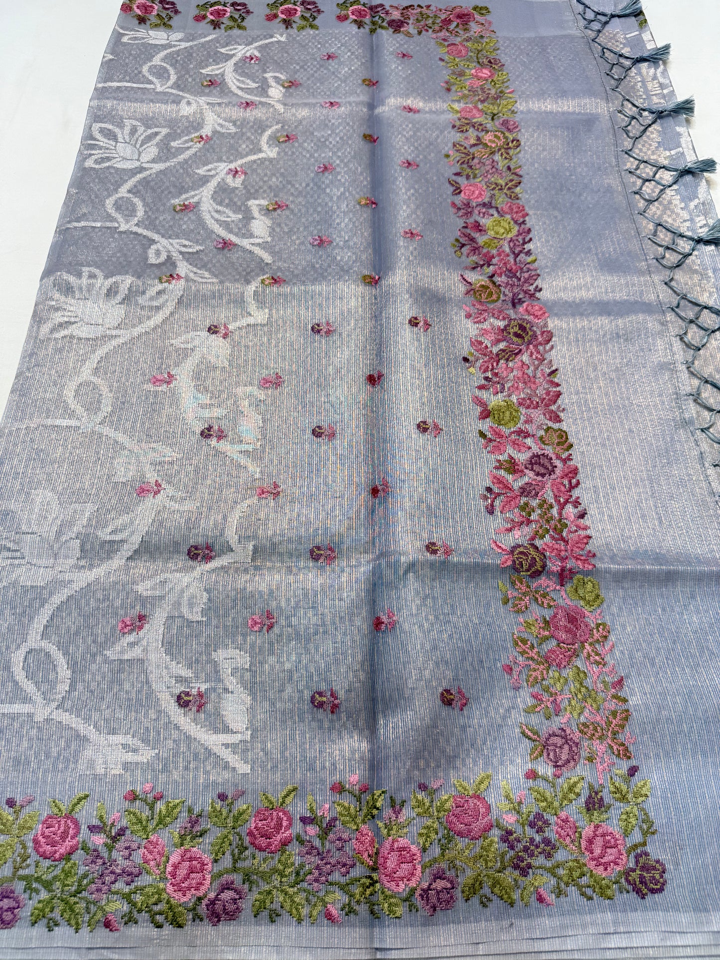 Powder blue shade tissue kota embroidery primum Banarasi saree
