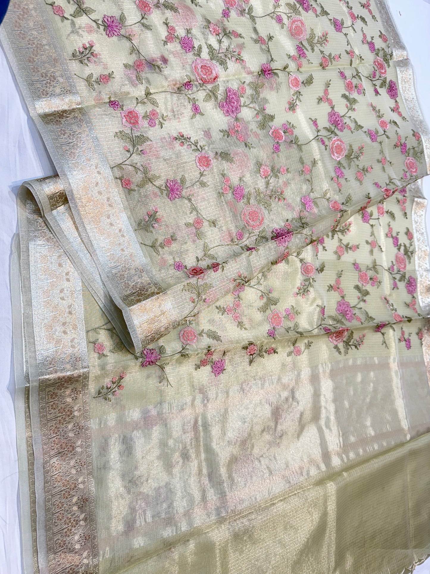 Pista green shade tissue kota embroidery primum Banarasi saree