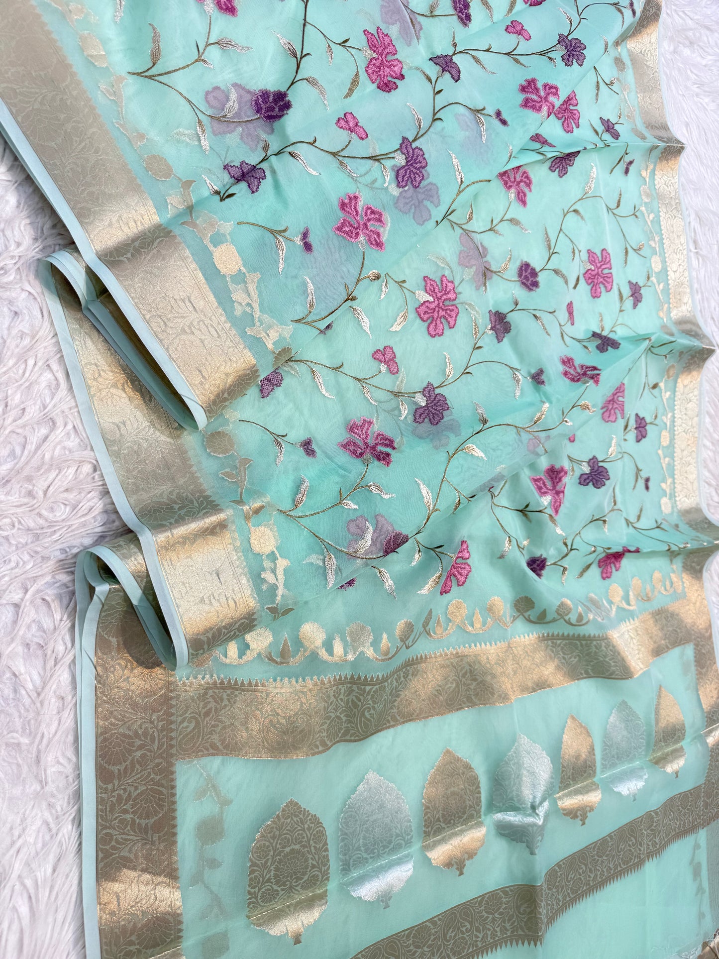 Turquoise shade kora organza embroidery Banarasi saree