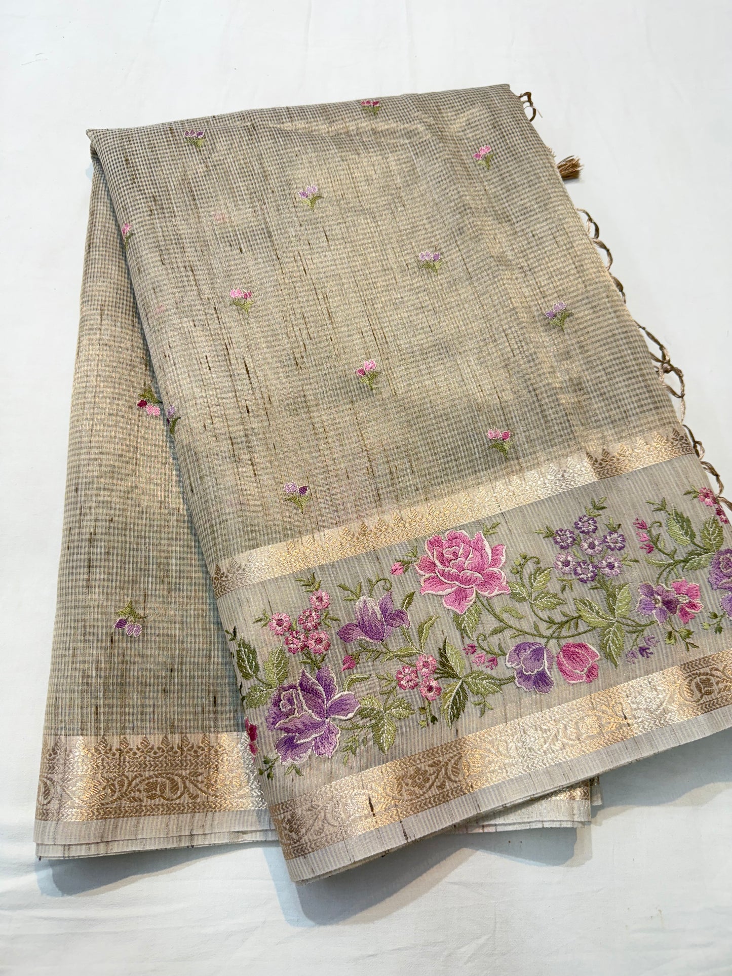 Beige shade tissue linen designer embroidery Banarasi saree