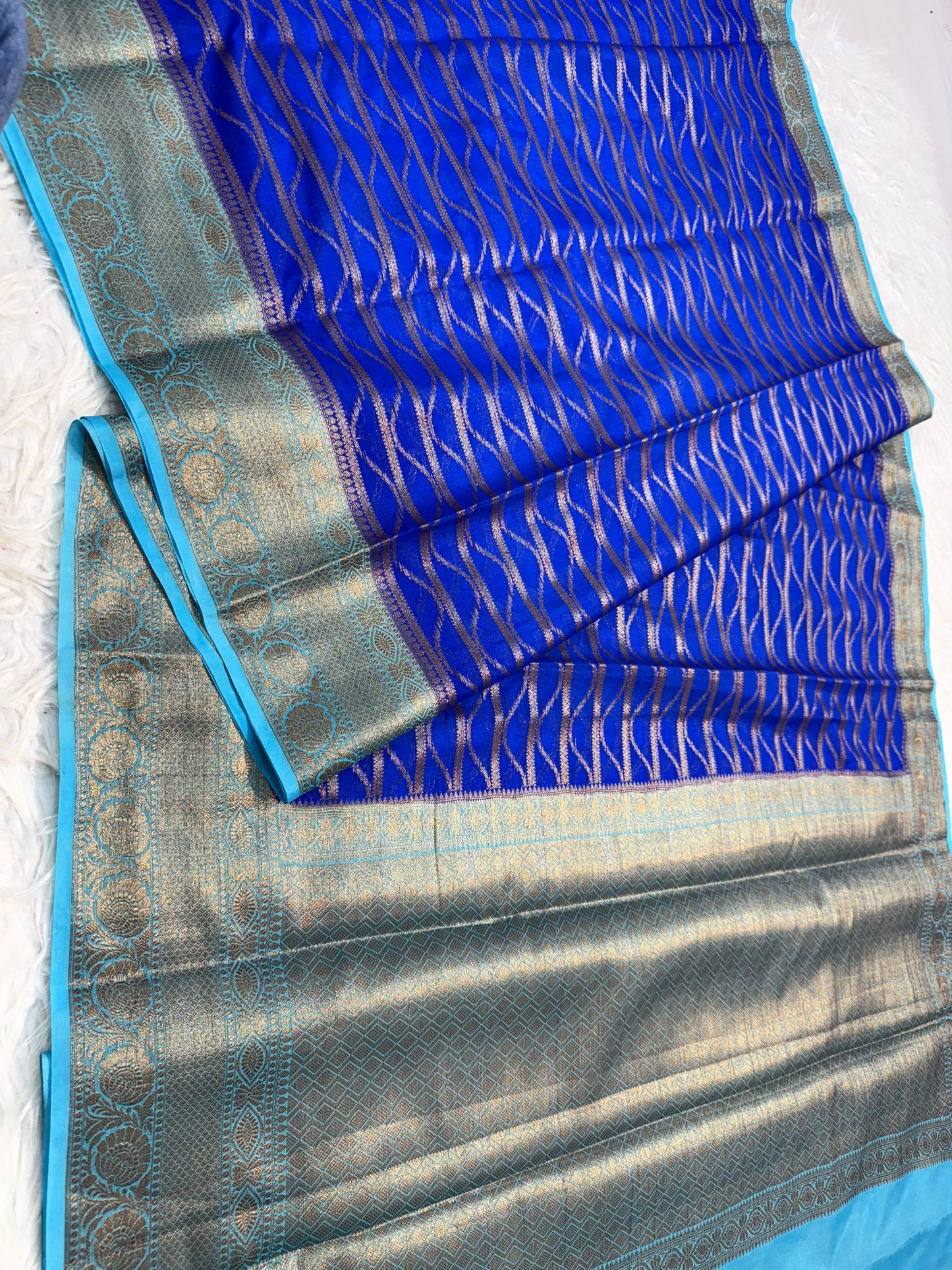 Royal blue powder blue georgatte Banarasi saree