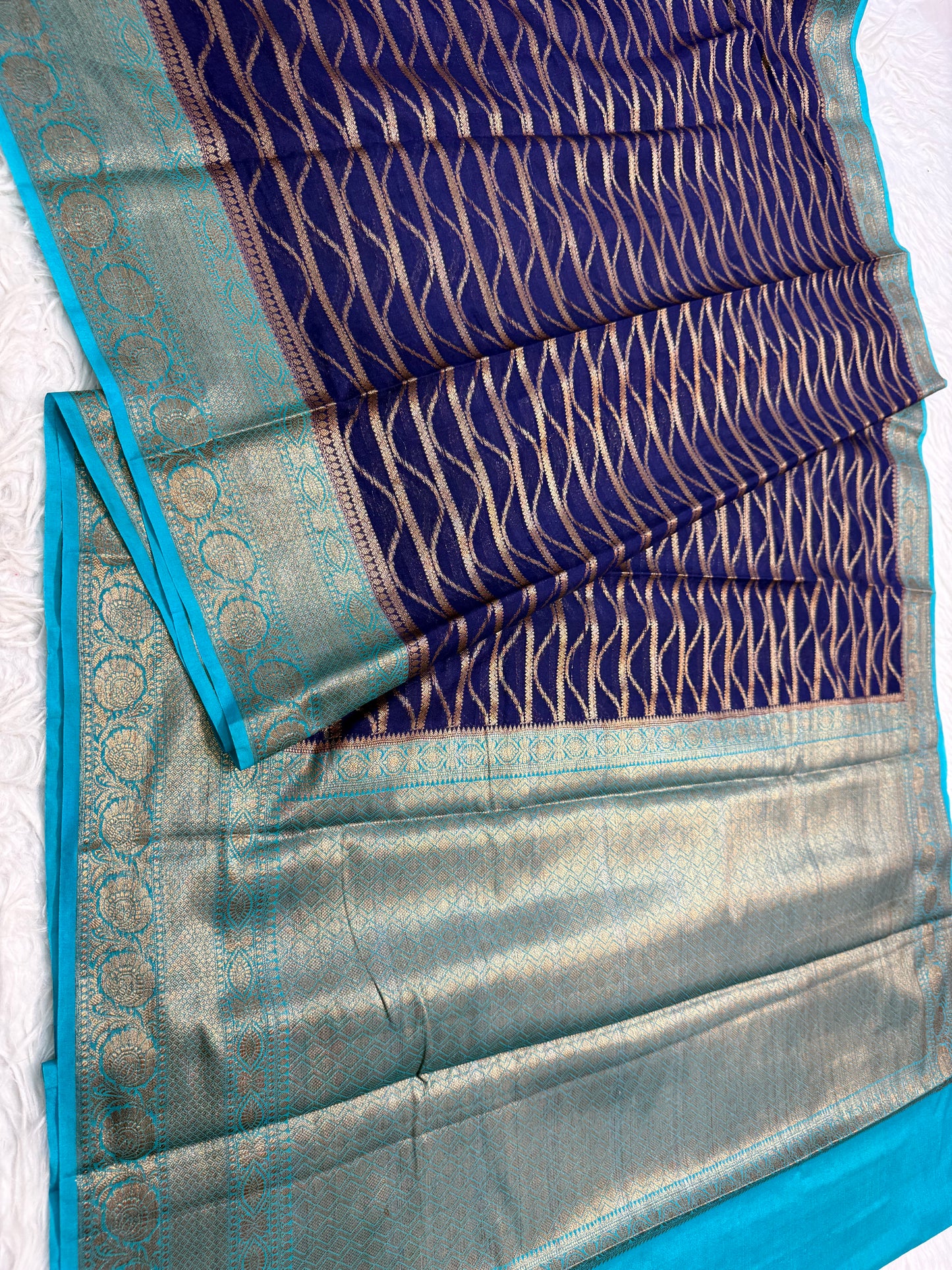 Navy sea green shade georgatte Banarasi saree