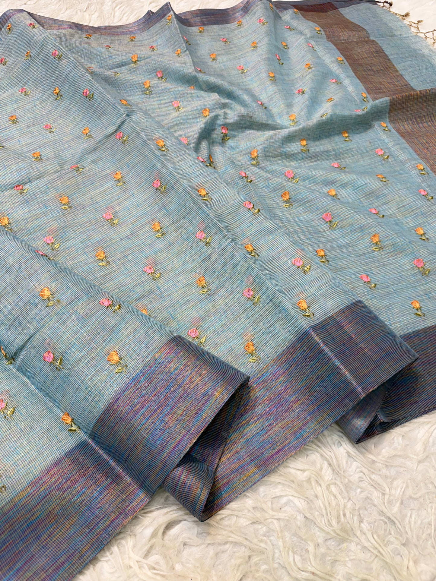 Sea green shade linen embroidery Banarasi saree