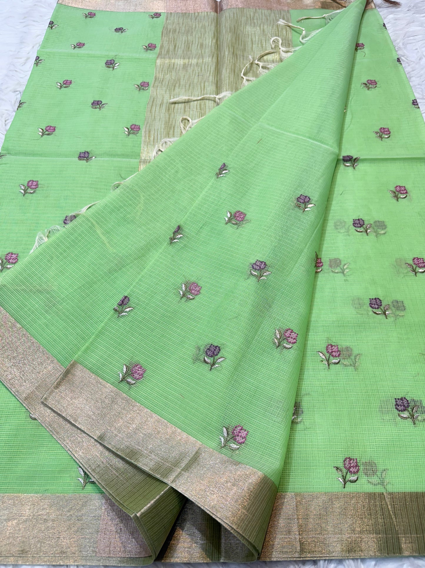 Pista green shade cotton kota embroidery Banarasi saree