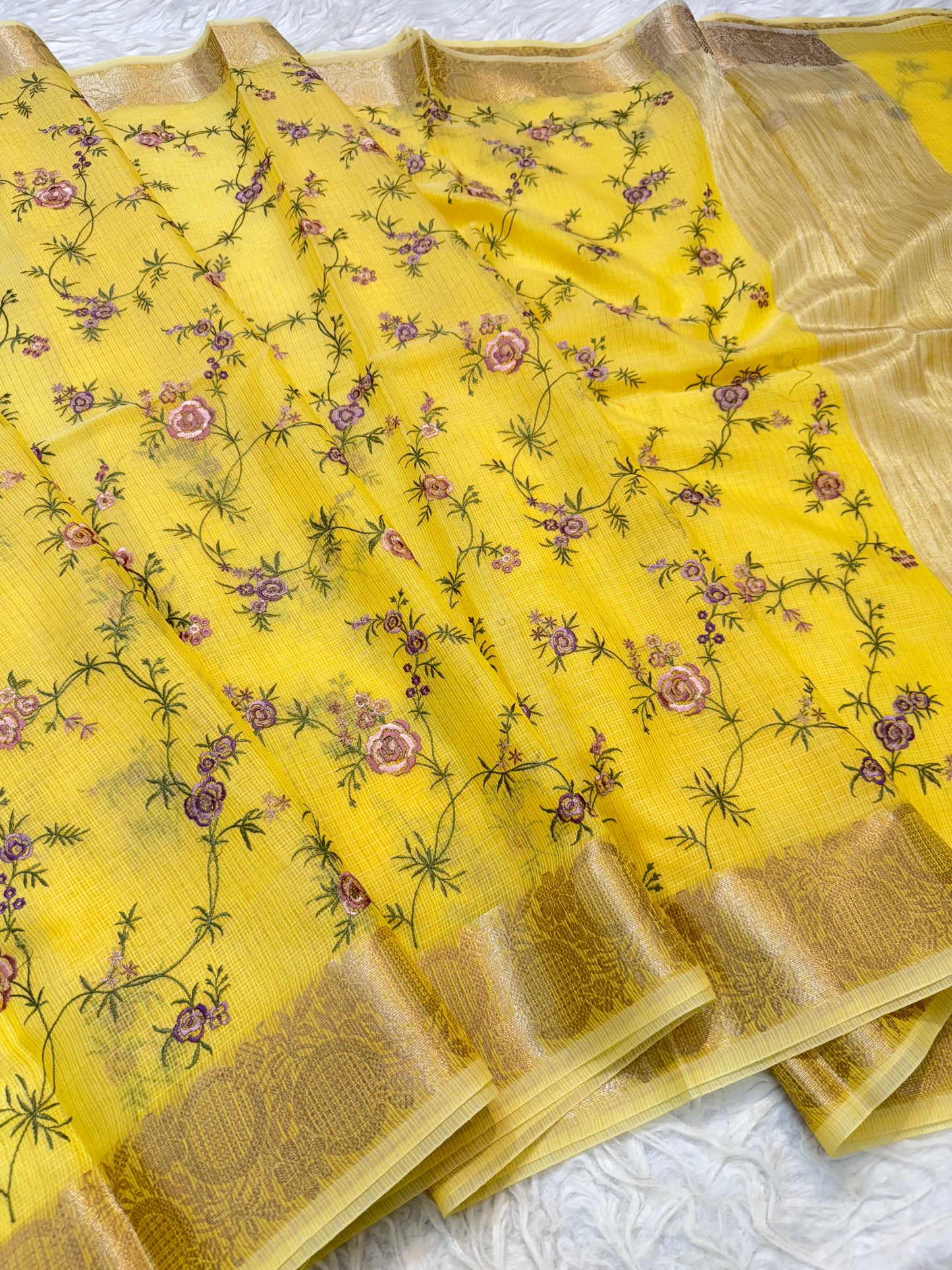 Yellow shade cotton kota embroidery Banarasi saree
