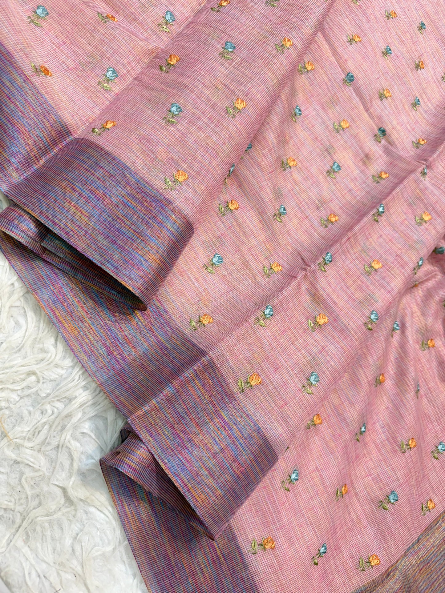 Peach shade linen embroidery Banarasi saree