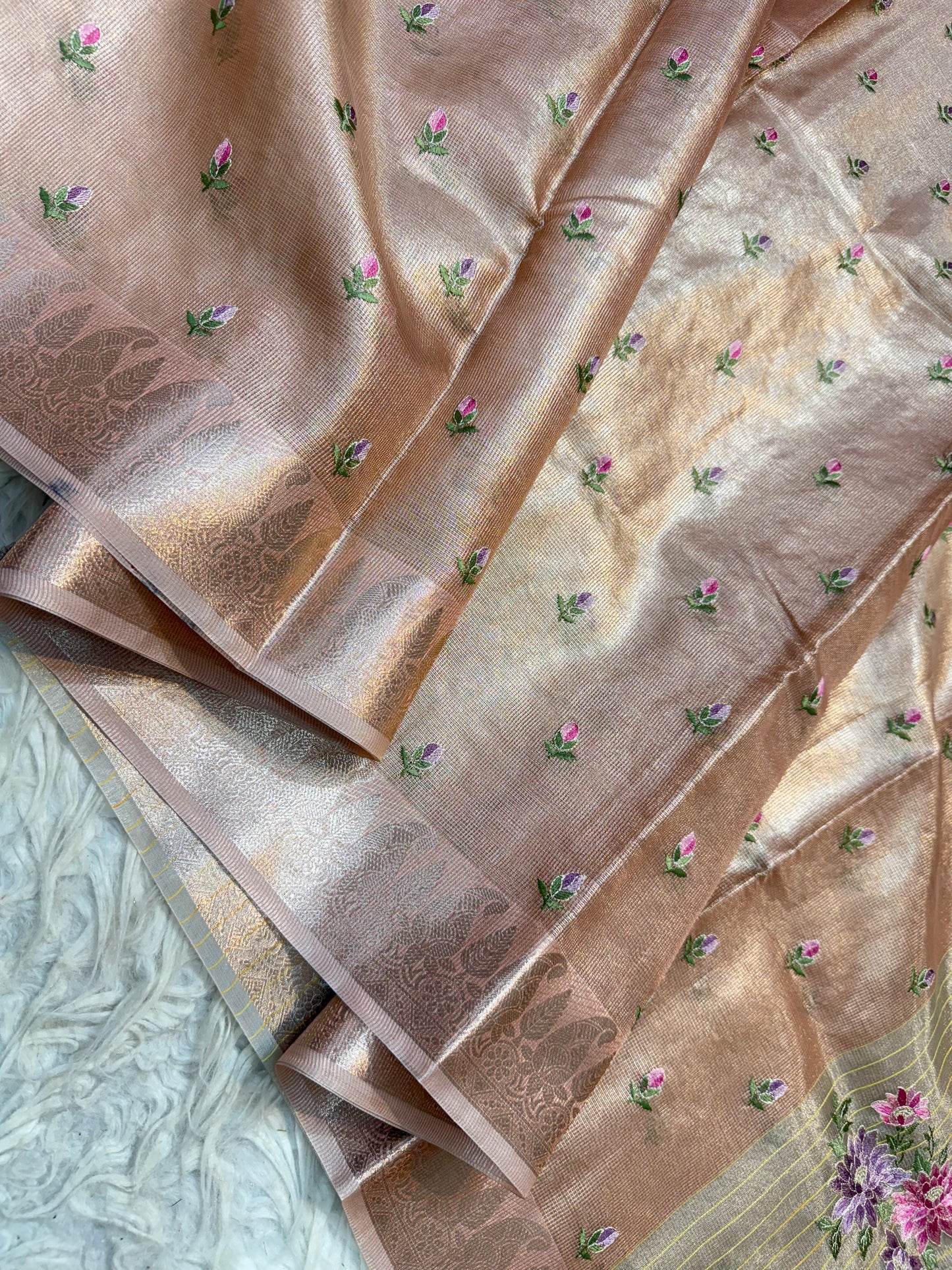 Pink shade tissue kota embroidery primum Banarasi saree