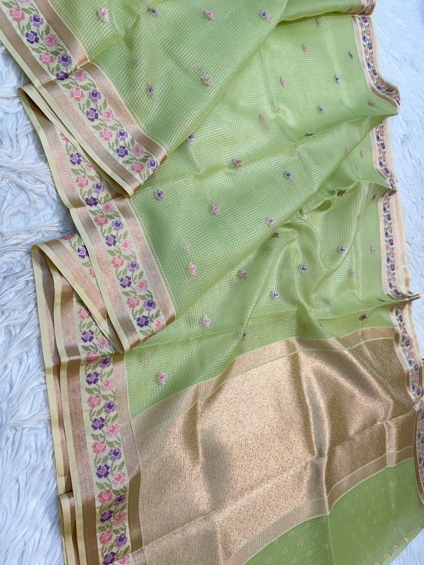 Pista green shade kora organza embroidery Banarasi saree
