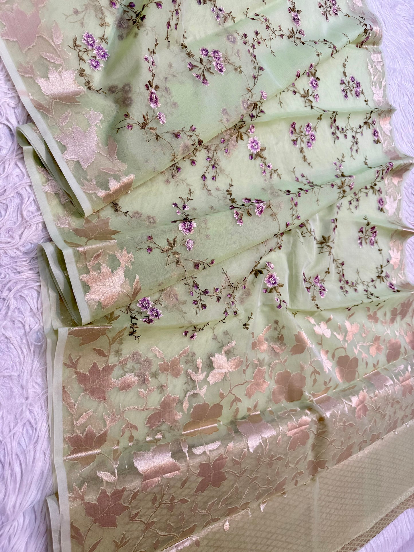 Pista green shade organza embroidery Banarasi saree