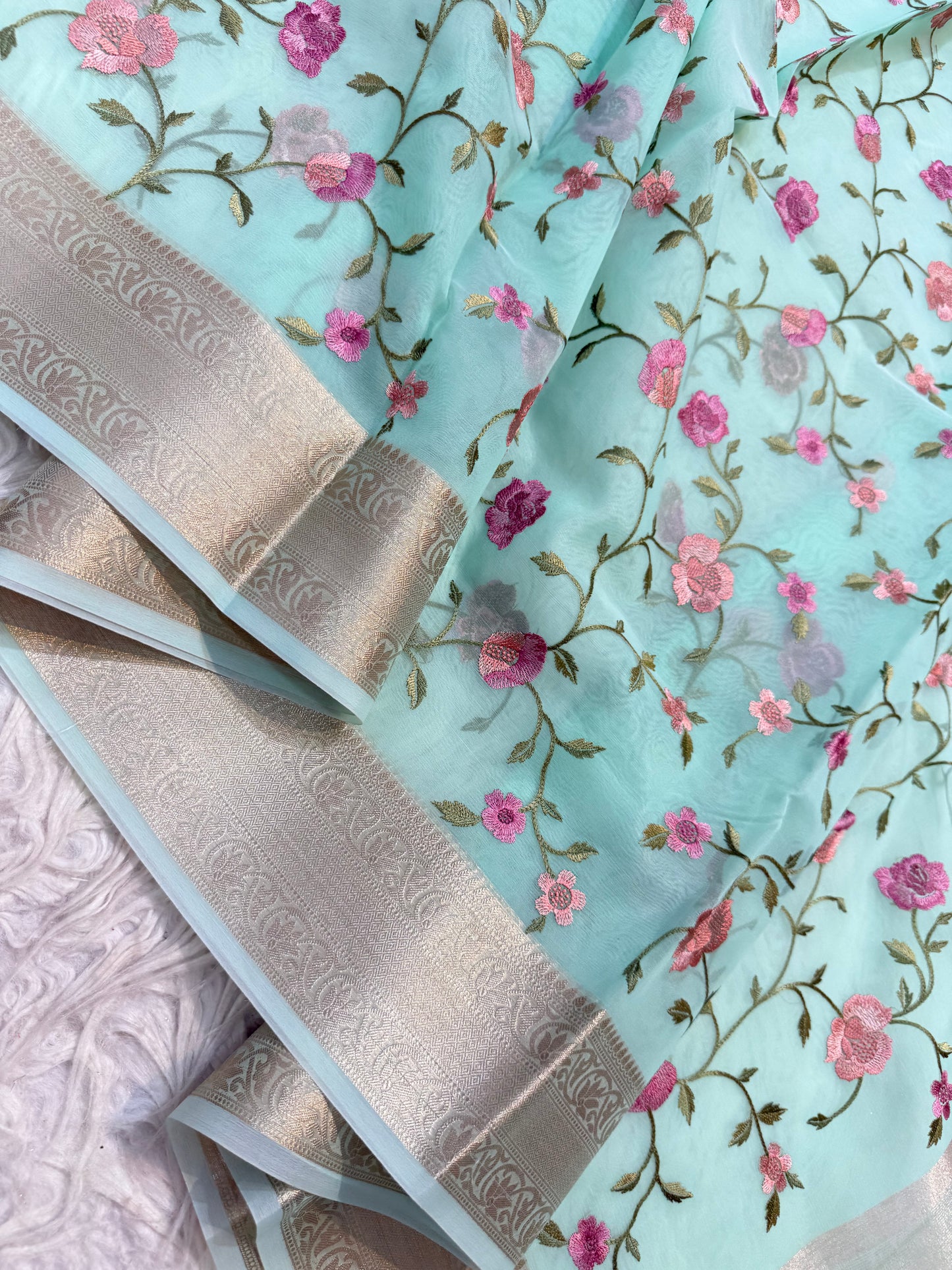 Turquoise shade organza embroidery Banarasi saree
