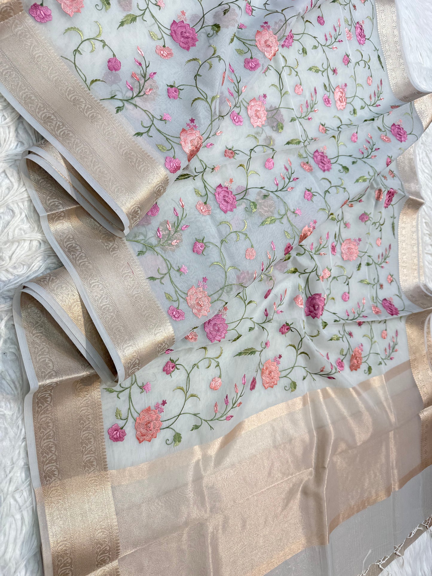 Grey shade organza embroidery Banarasi saree