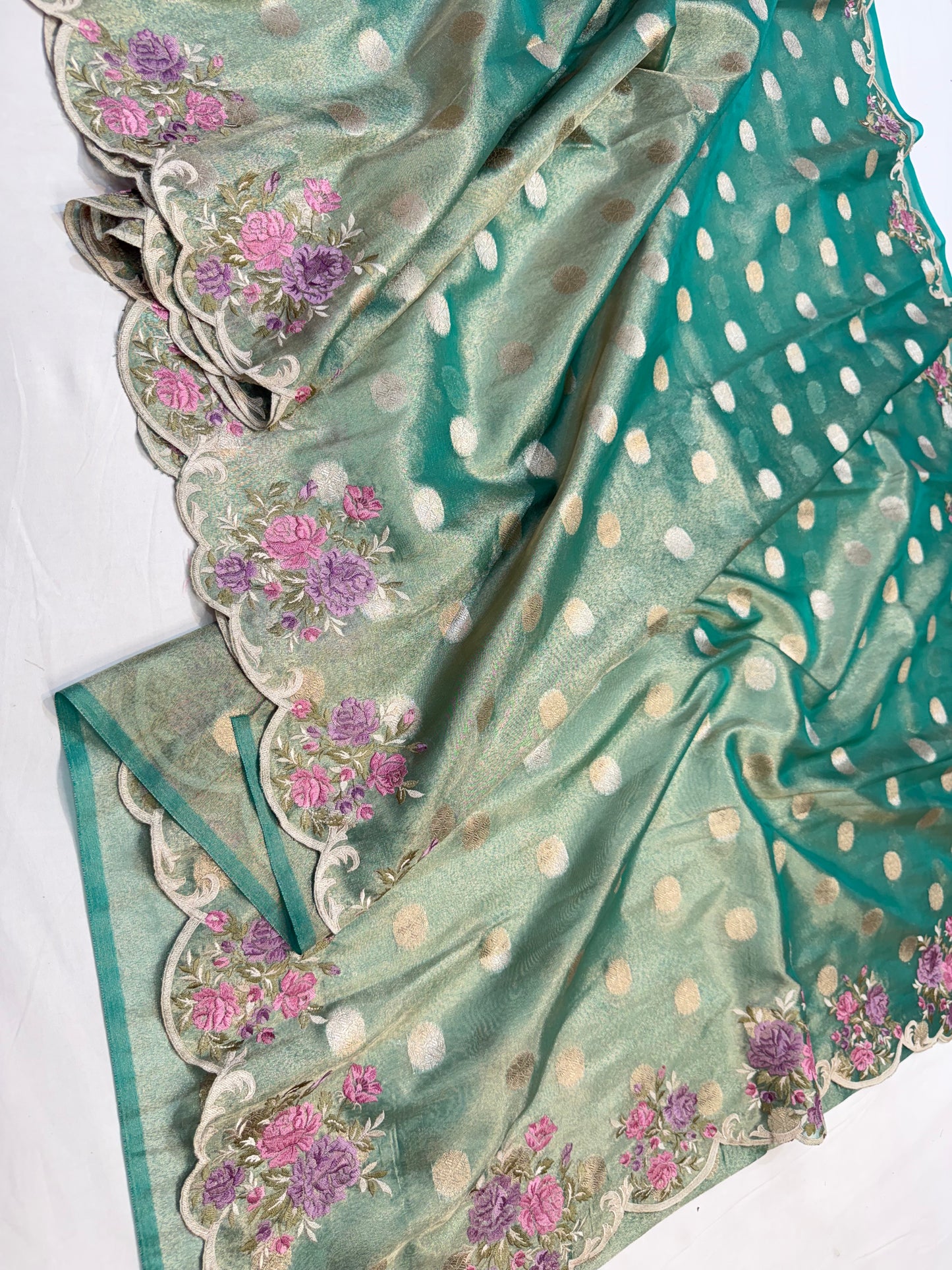 Sea green tissue cutwork embroidery premium designer Banarasi saree