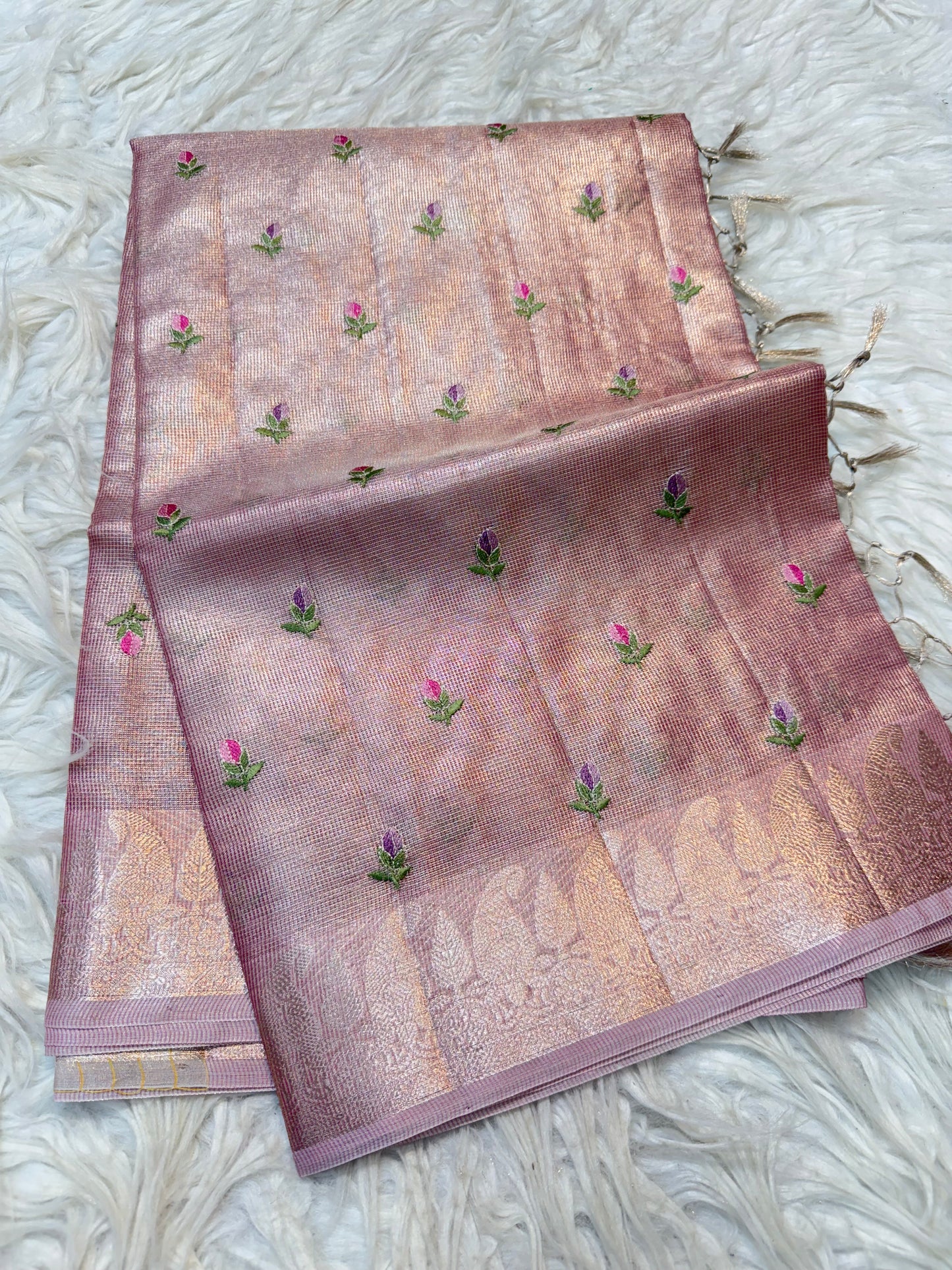 Peach shade tissue kota embroidery primum Banarasi saree