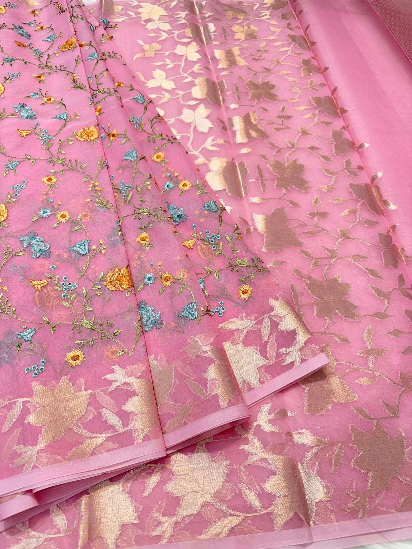 Pink shade kora organza embroidery Banarasi saree