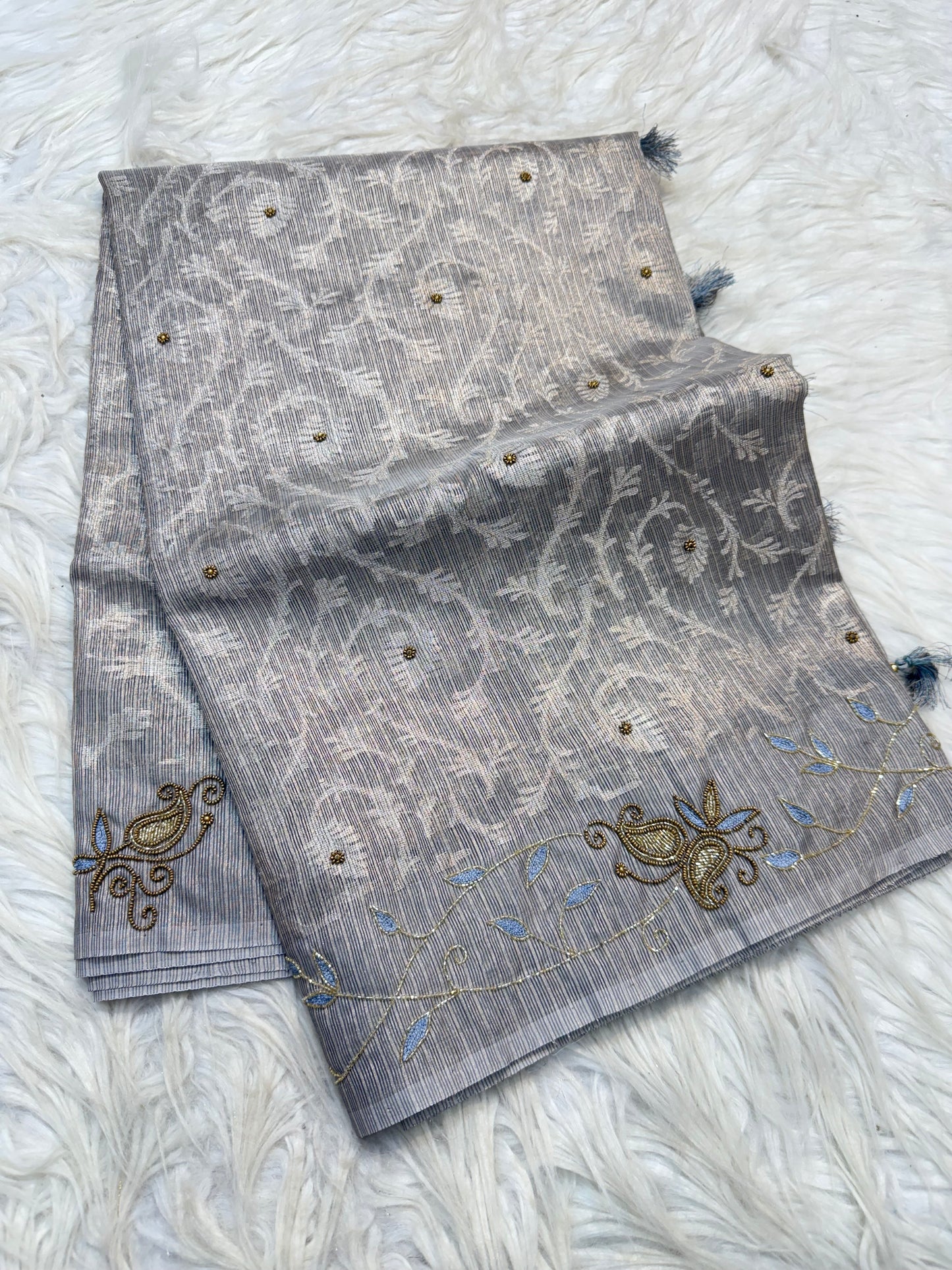 Gray shade tissue kota zardosi work premium Banarasi saree