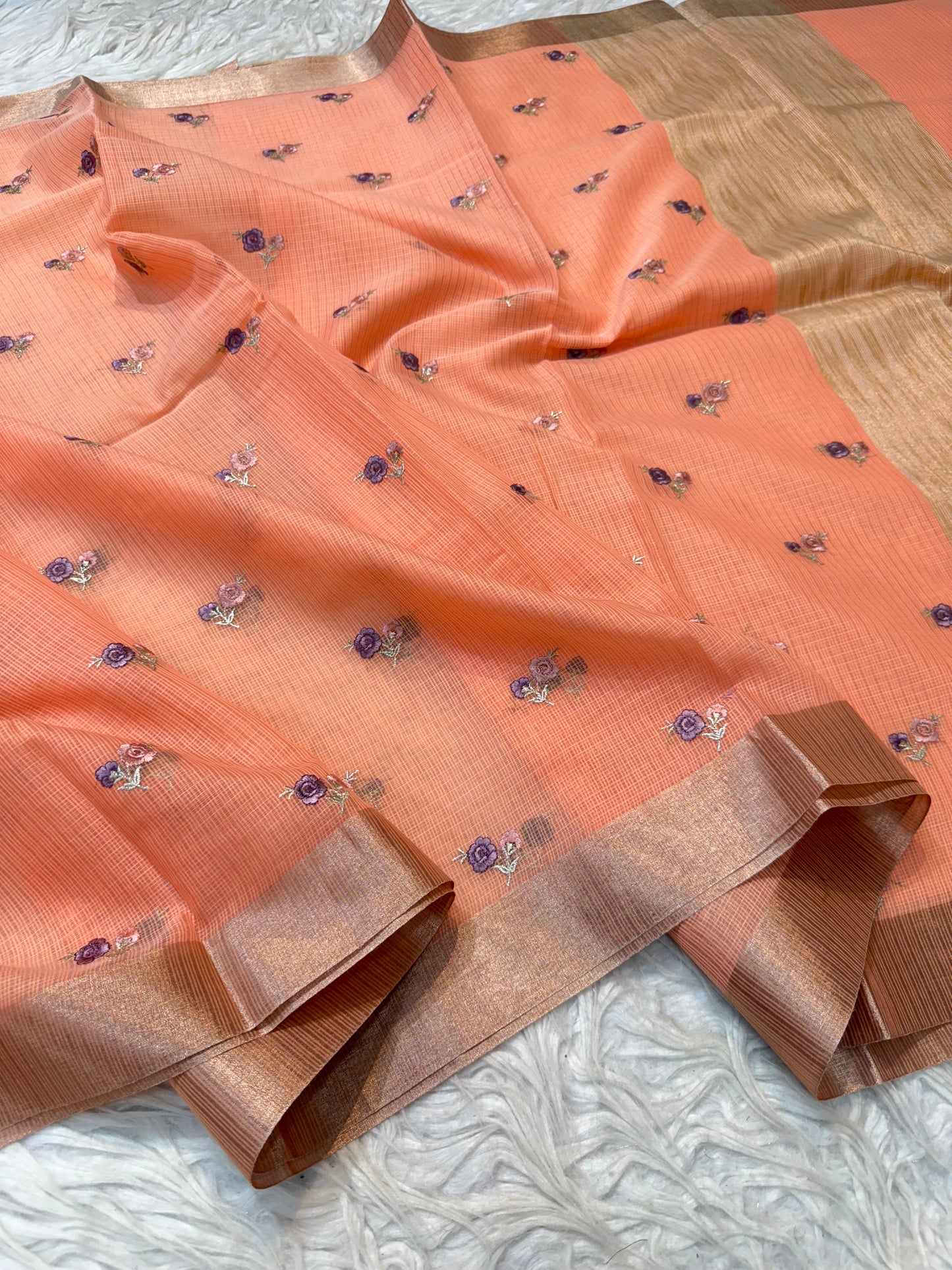 Peach shade cotton kota embroidery Banarasi saree