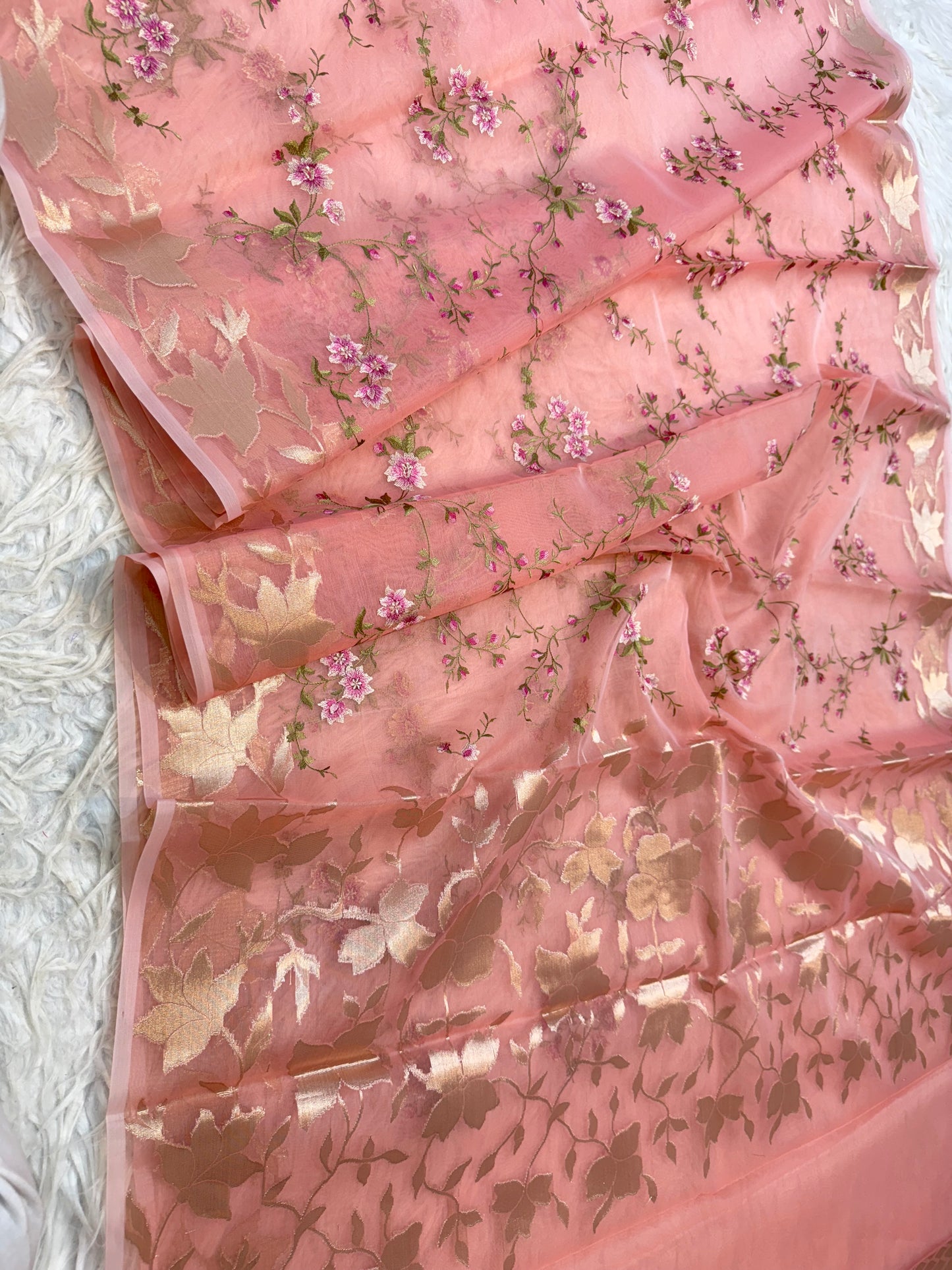 Peach shade kora organza embroidery Banarasi saree