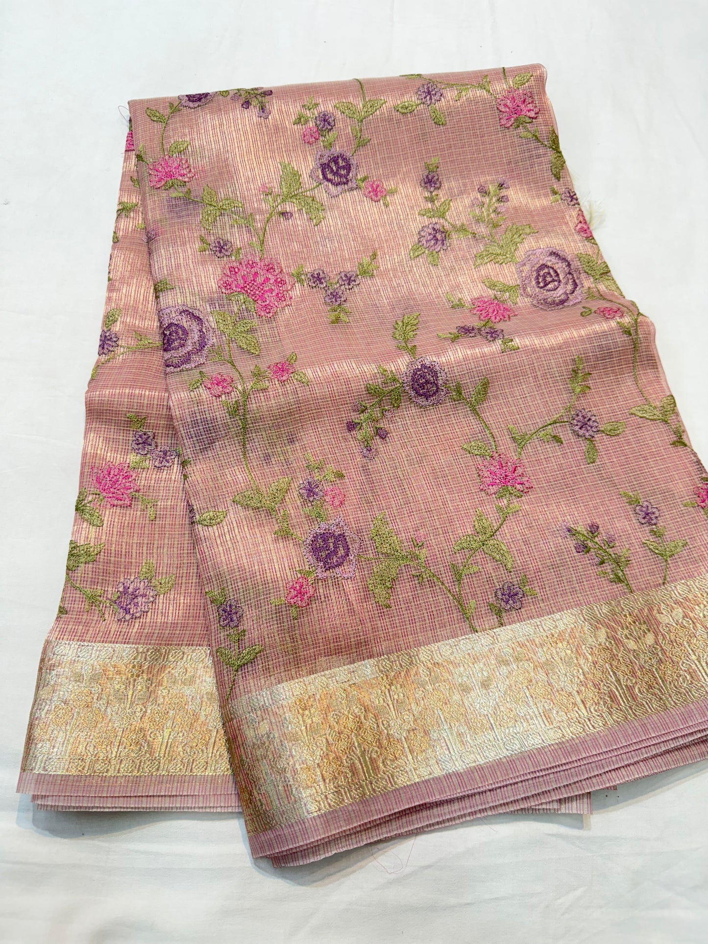 Dusty pink shade tissue kota embroidery primum Banarasi saree