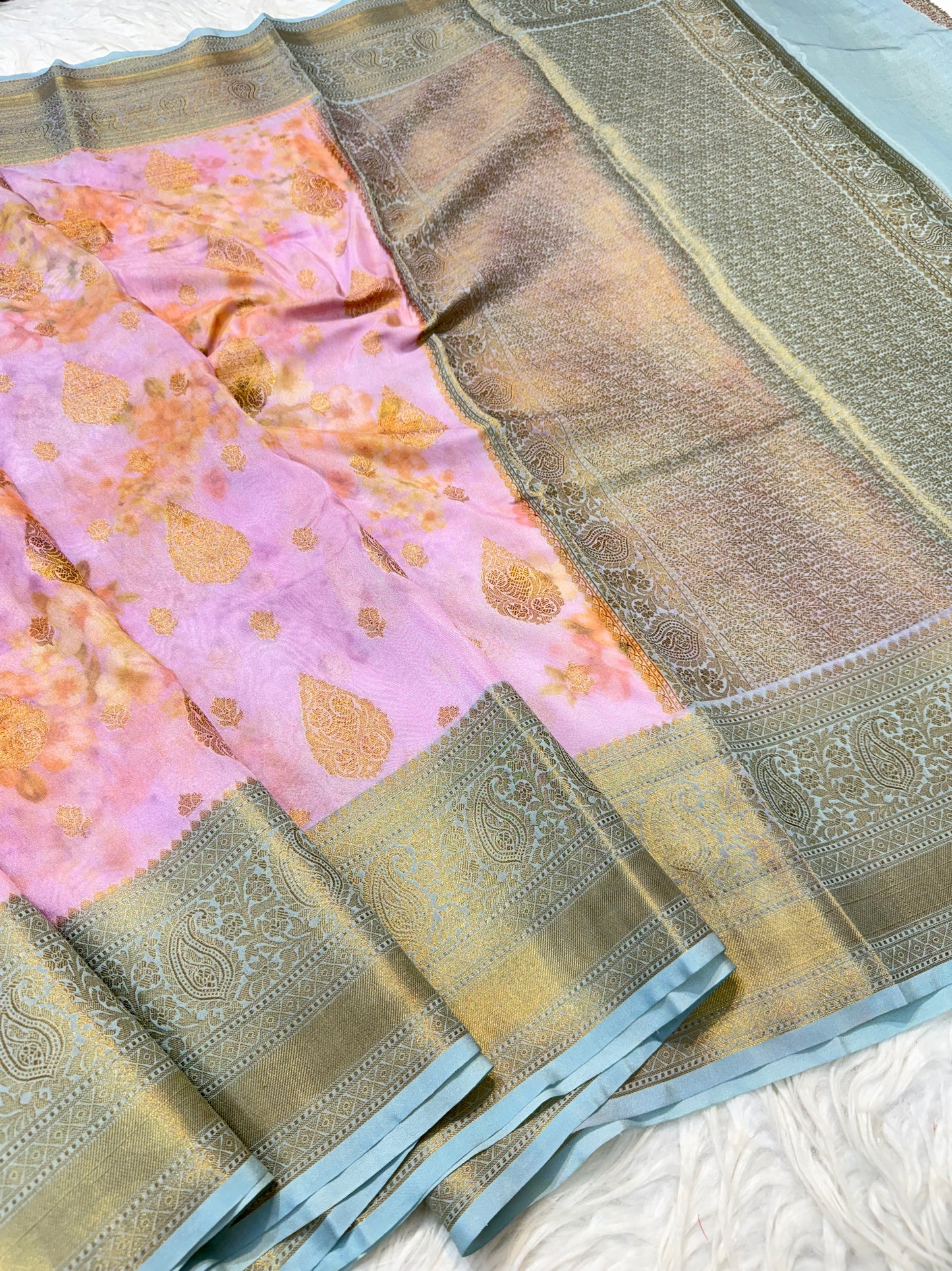 Pink sea green & multicolour shade georgatte digital print Banarasi saree