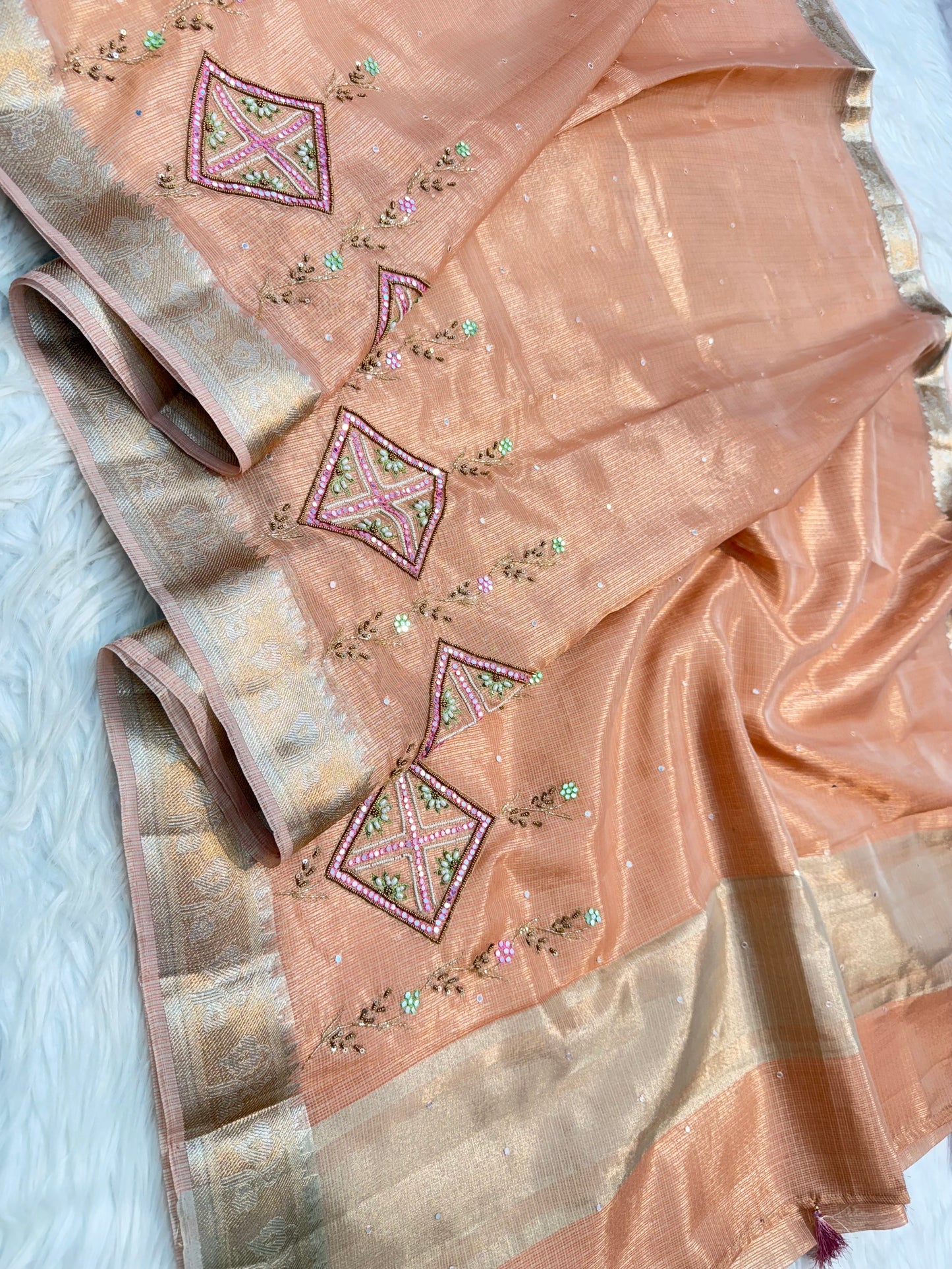 Pink shade tissue kota zardosi work premium Banarasi saree