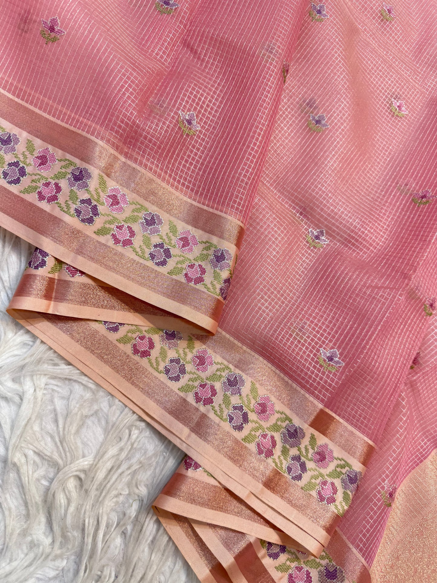 Rose gold shade kora organza embroidery Banarasi saree