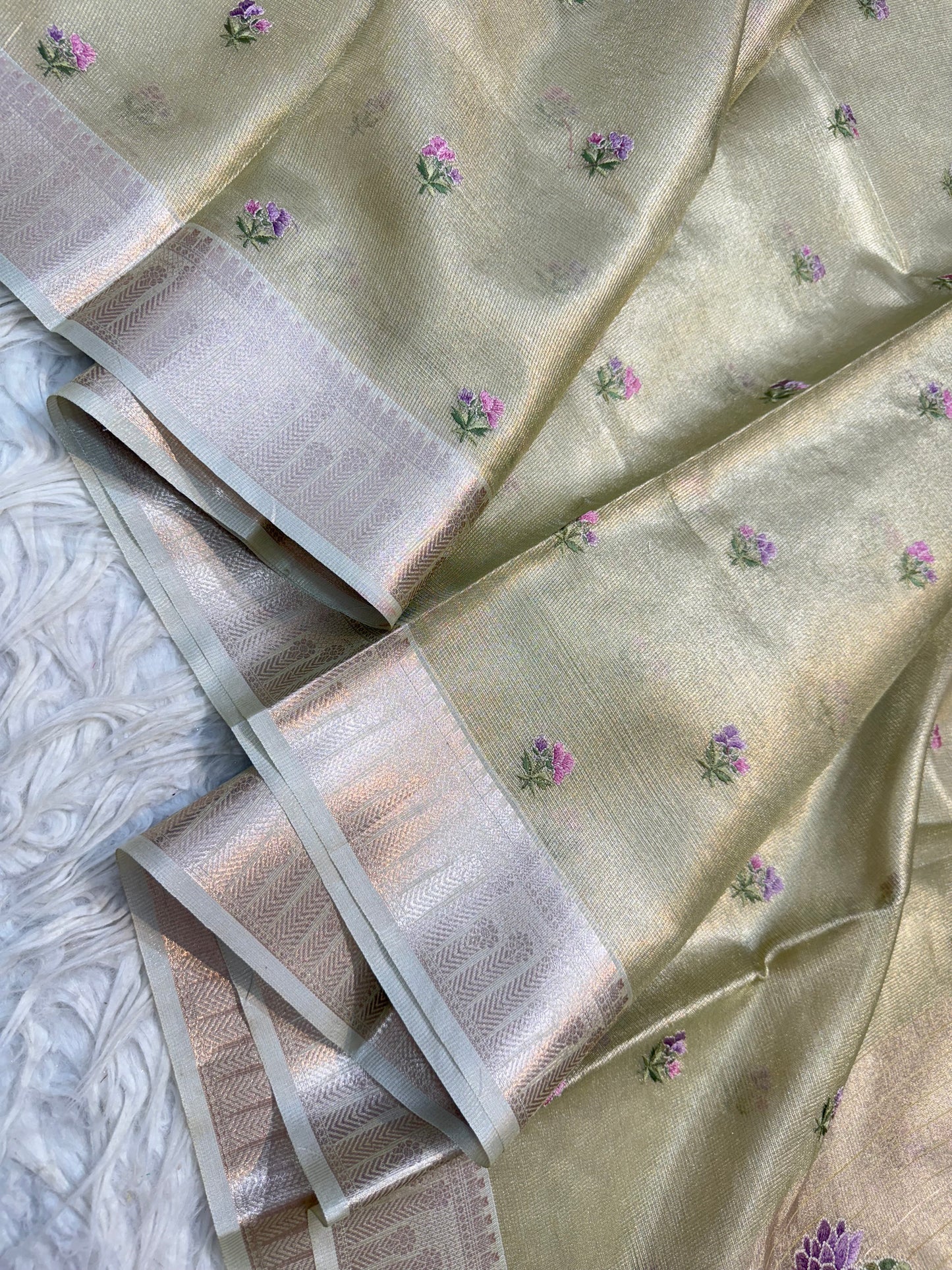 Pista green shade tissue kota embroidery primum Banarasi saree