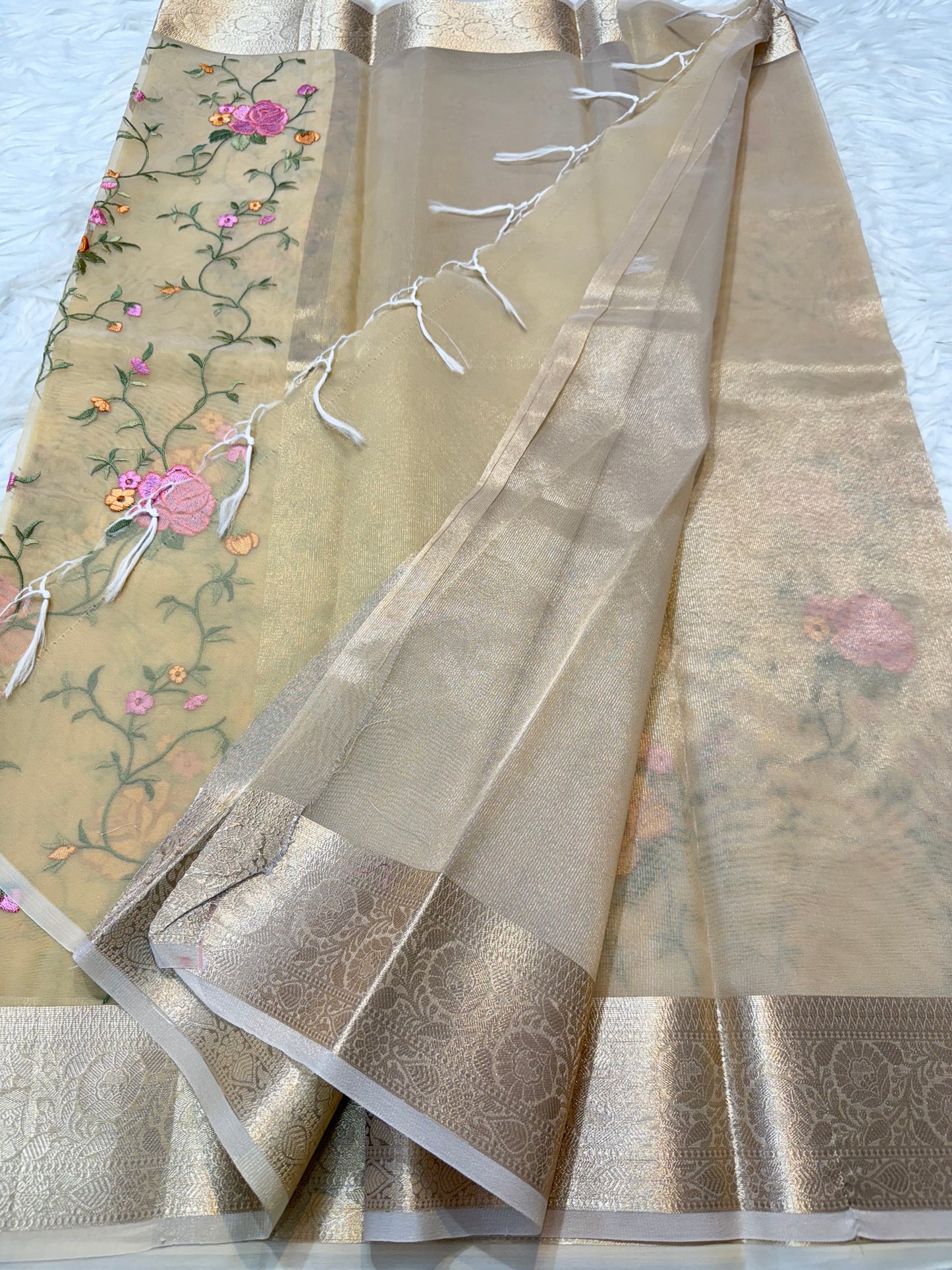 Beige shade organza embroidery Banarasi saree