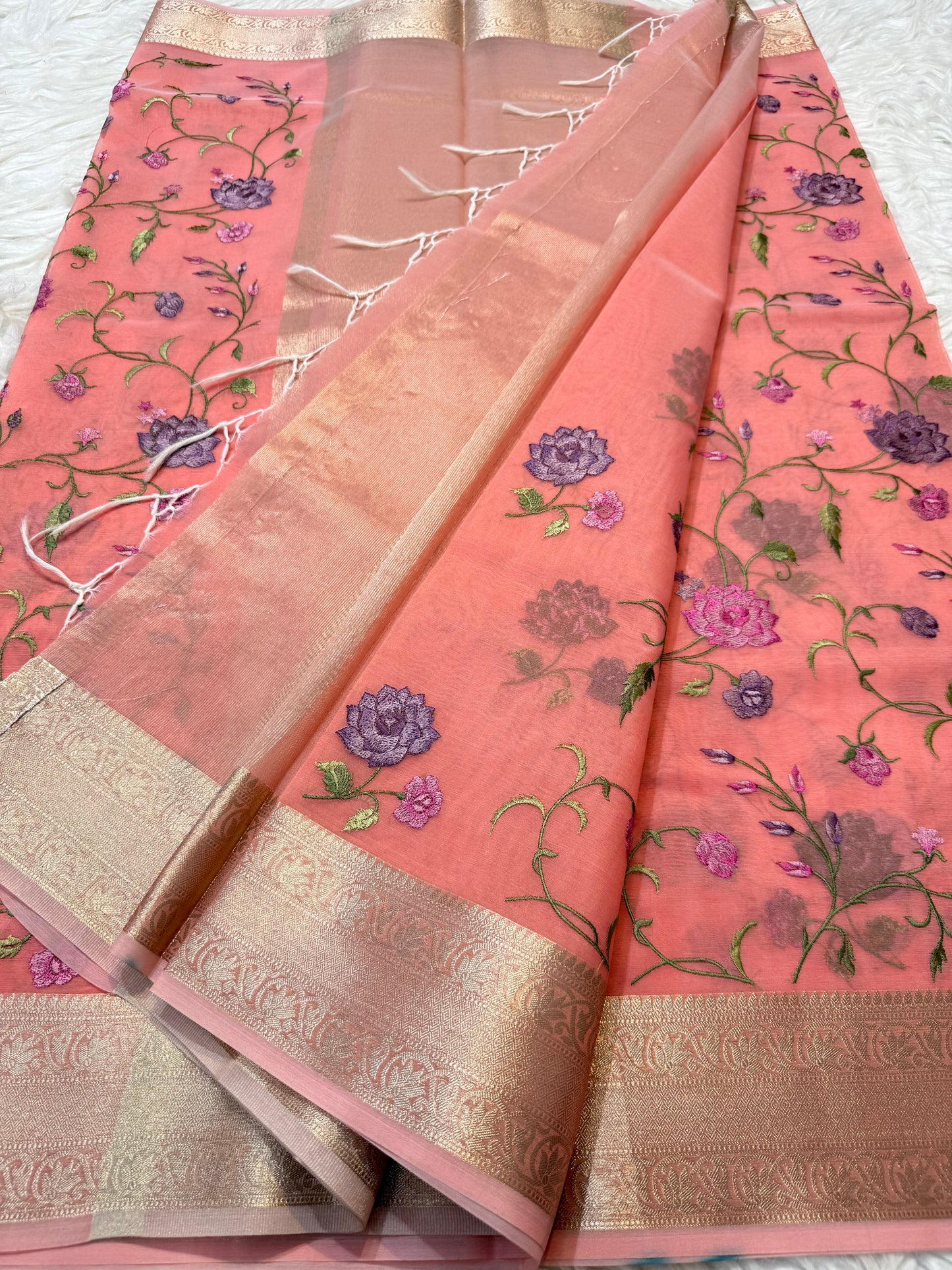 Peach shade organza embroidery Banarasi saree