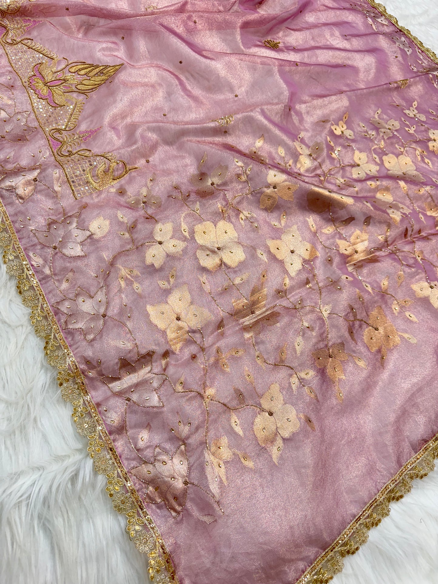 Pink shade tissue ari & zardosi work designer premium Banarasi saree
