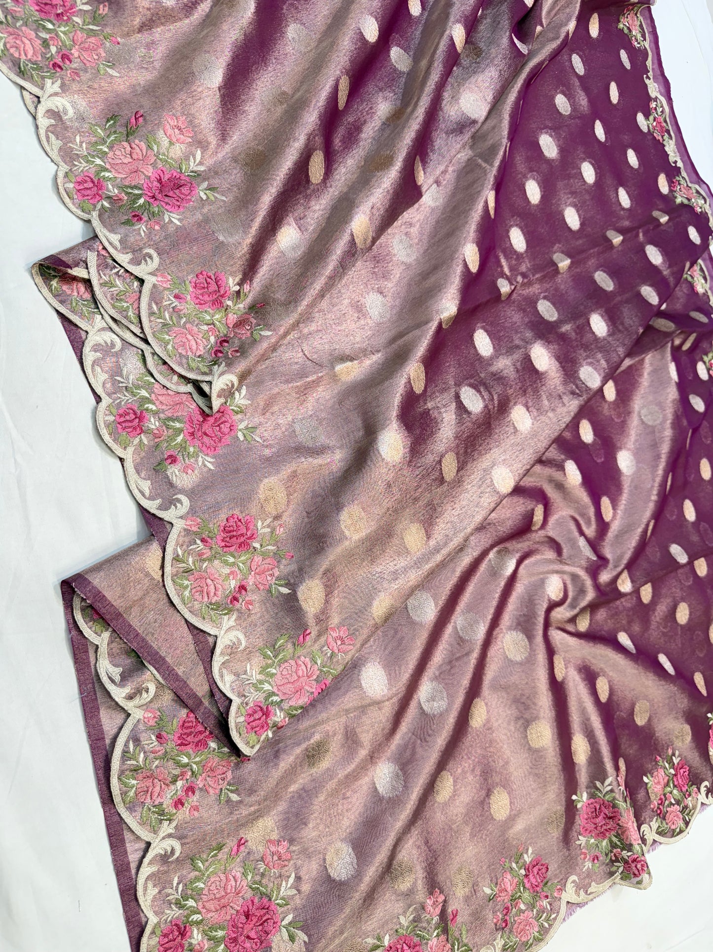 Magenta tissue cutwork embroidery premium designer Banarasi saree