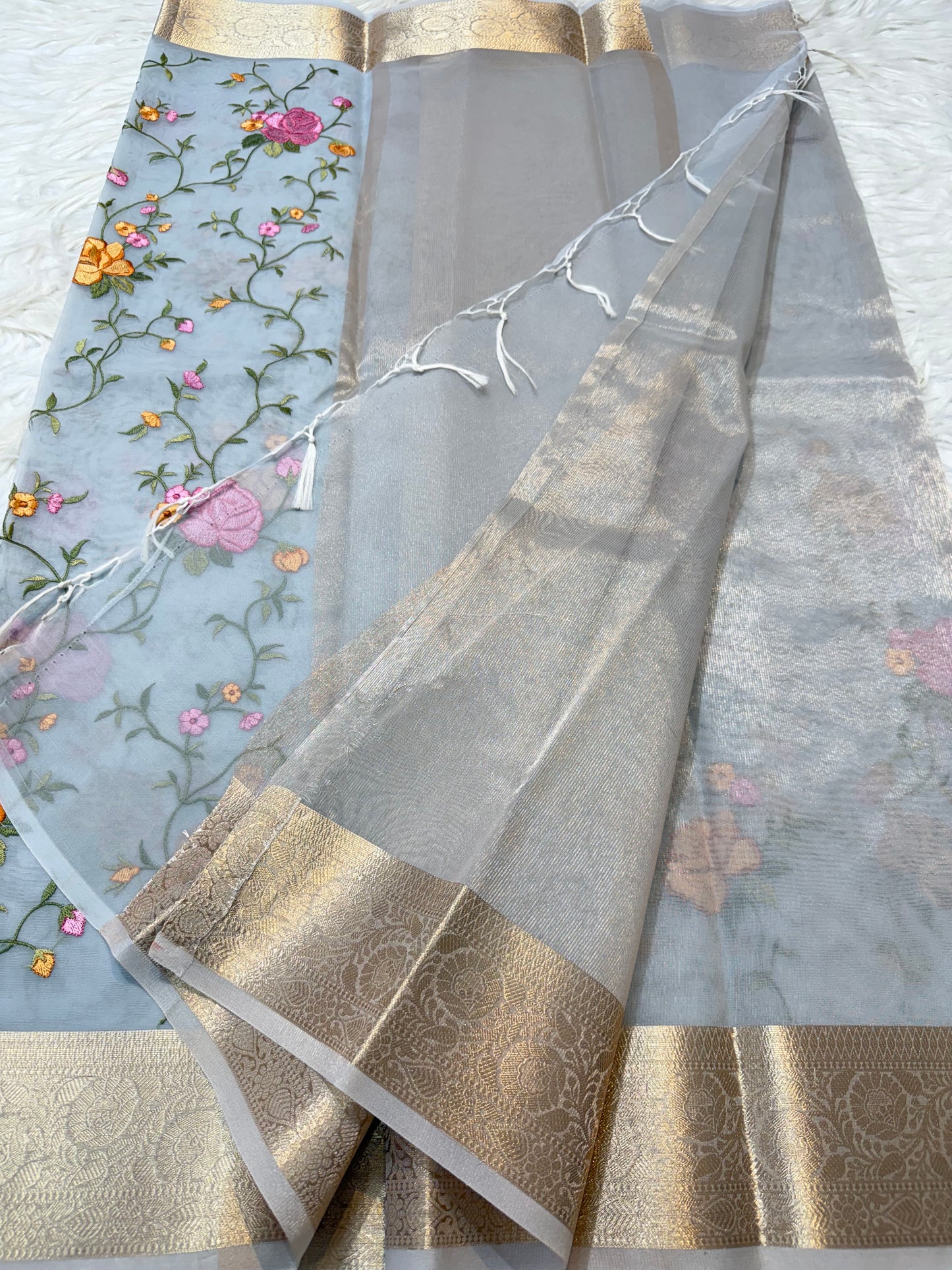 Grey shade shade organza embroidery Banarasi saree