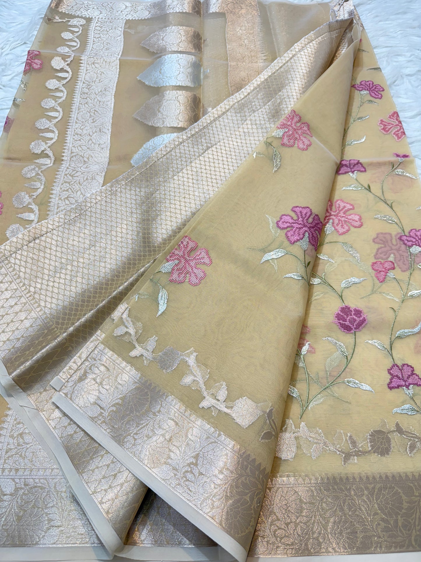 Beige shade kora organza embroidery Banarasi saree