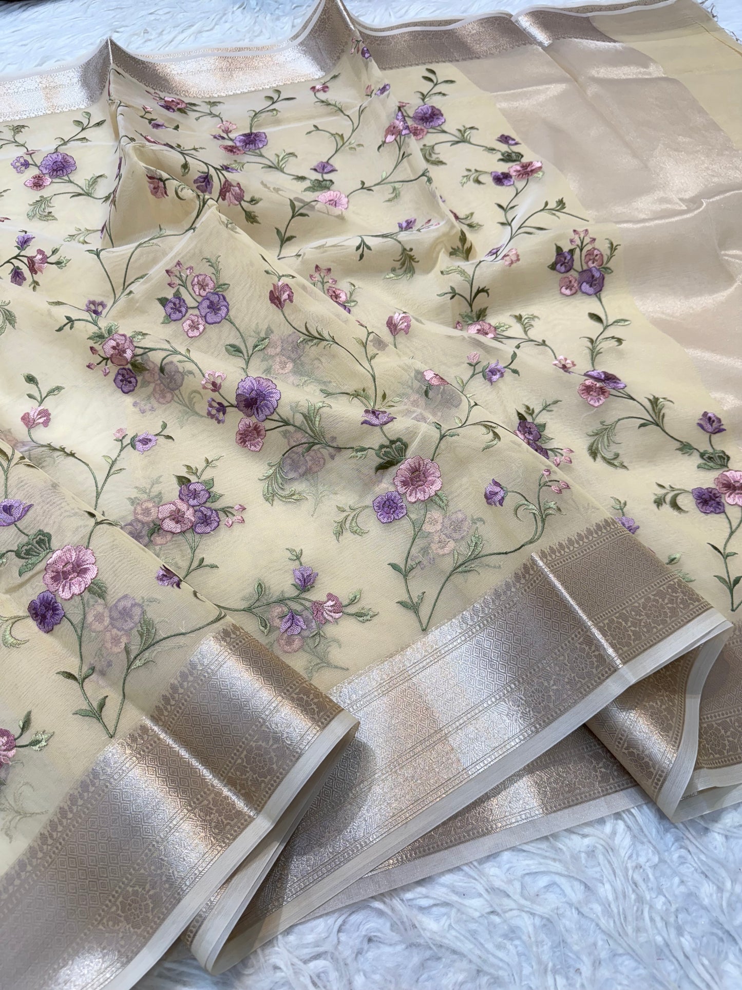 Beige shade organza embroidery Banarasi saree