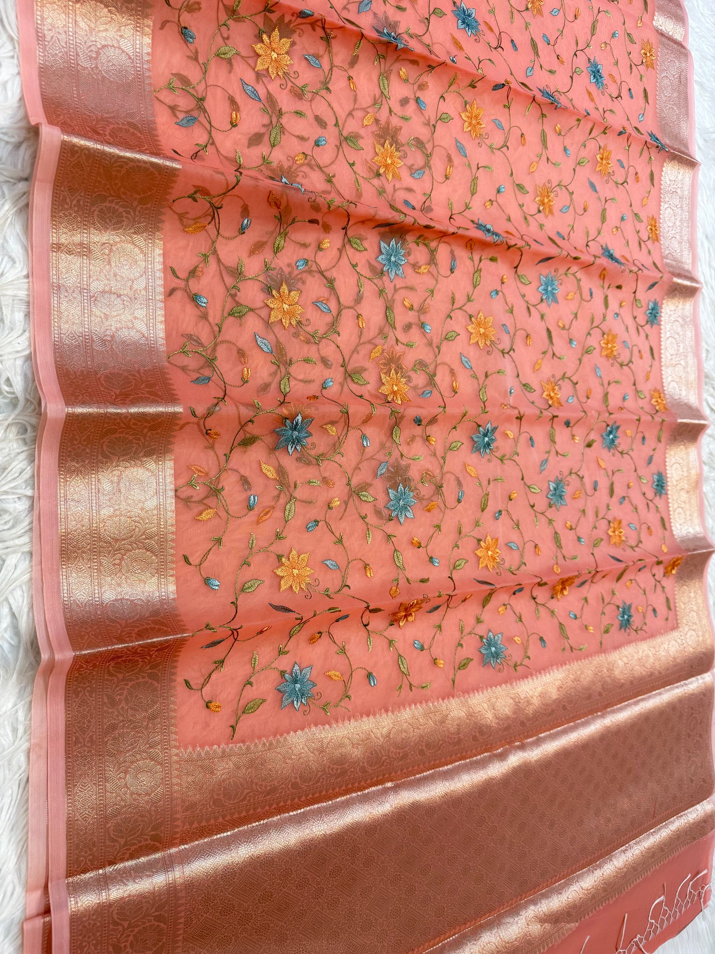 Peach shade kora organza embroidery Banarasi saree