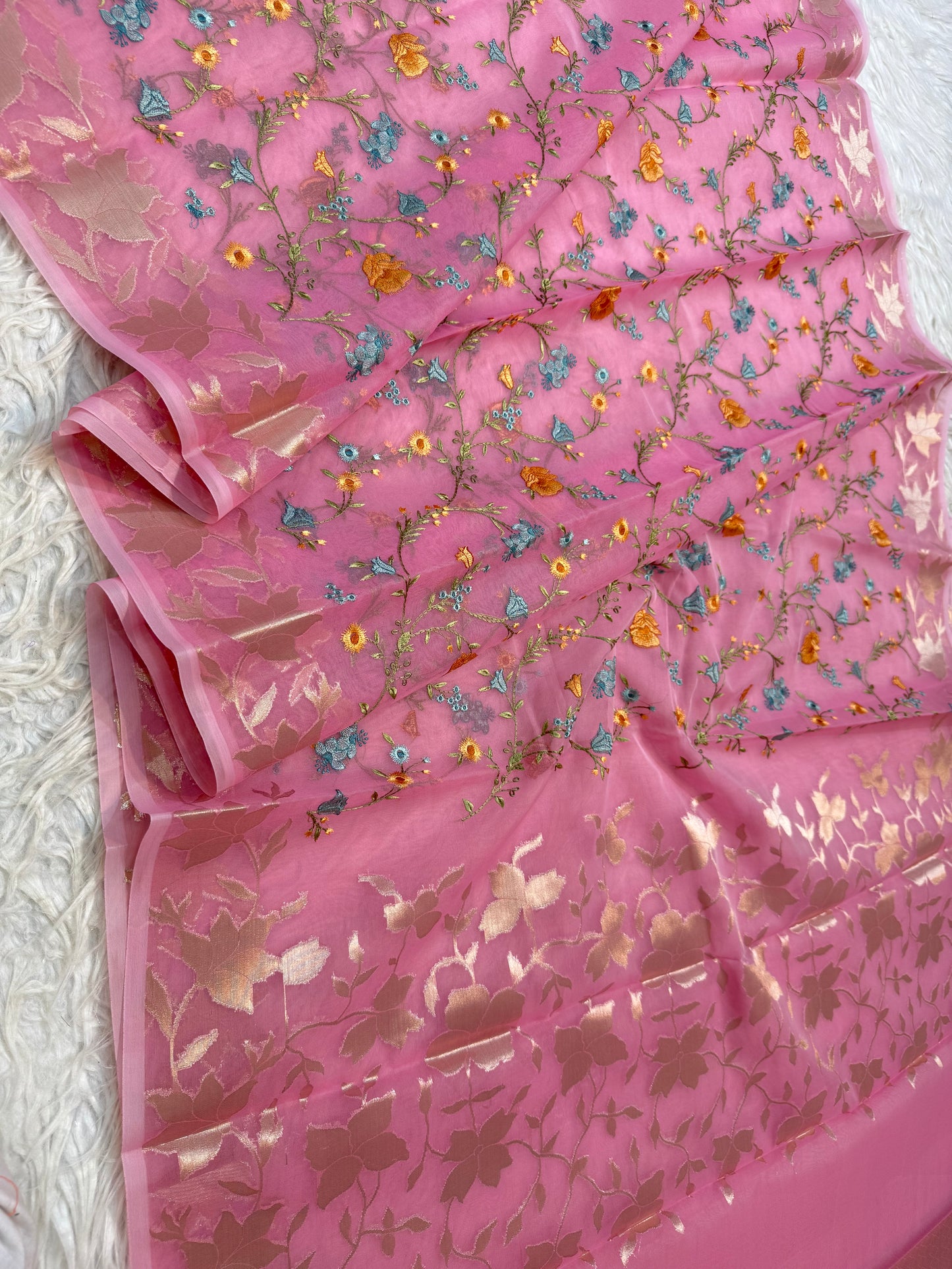Pink shade kora organza embroidery Banarasi saree