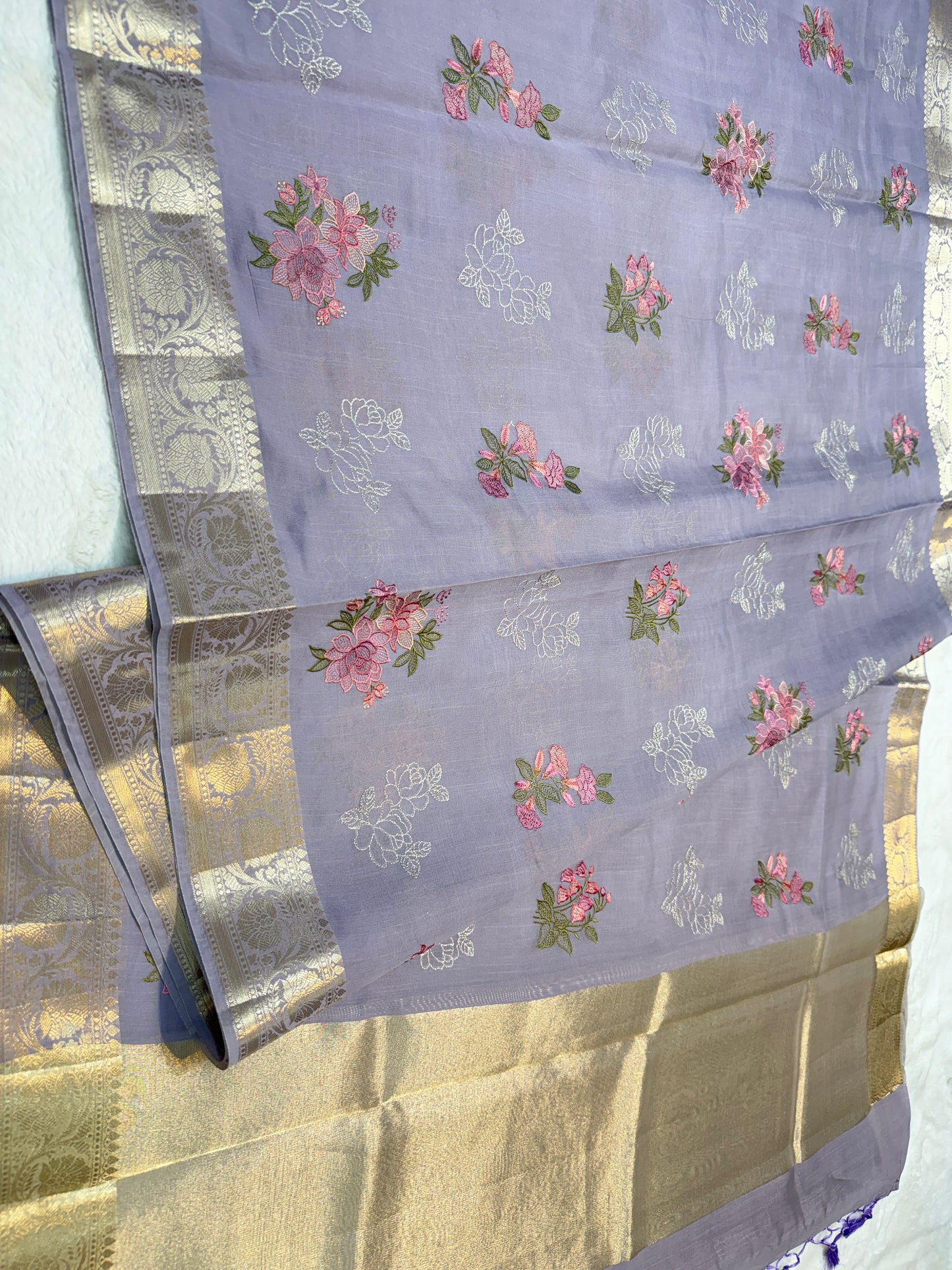 Lavender shade soft silk designer premium embroidery Banarasi saree