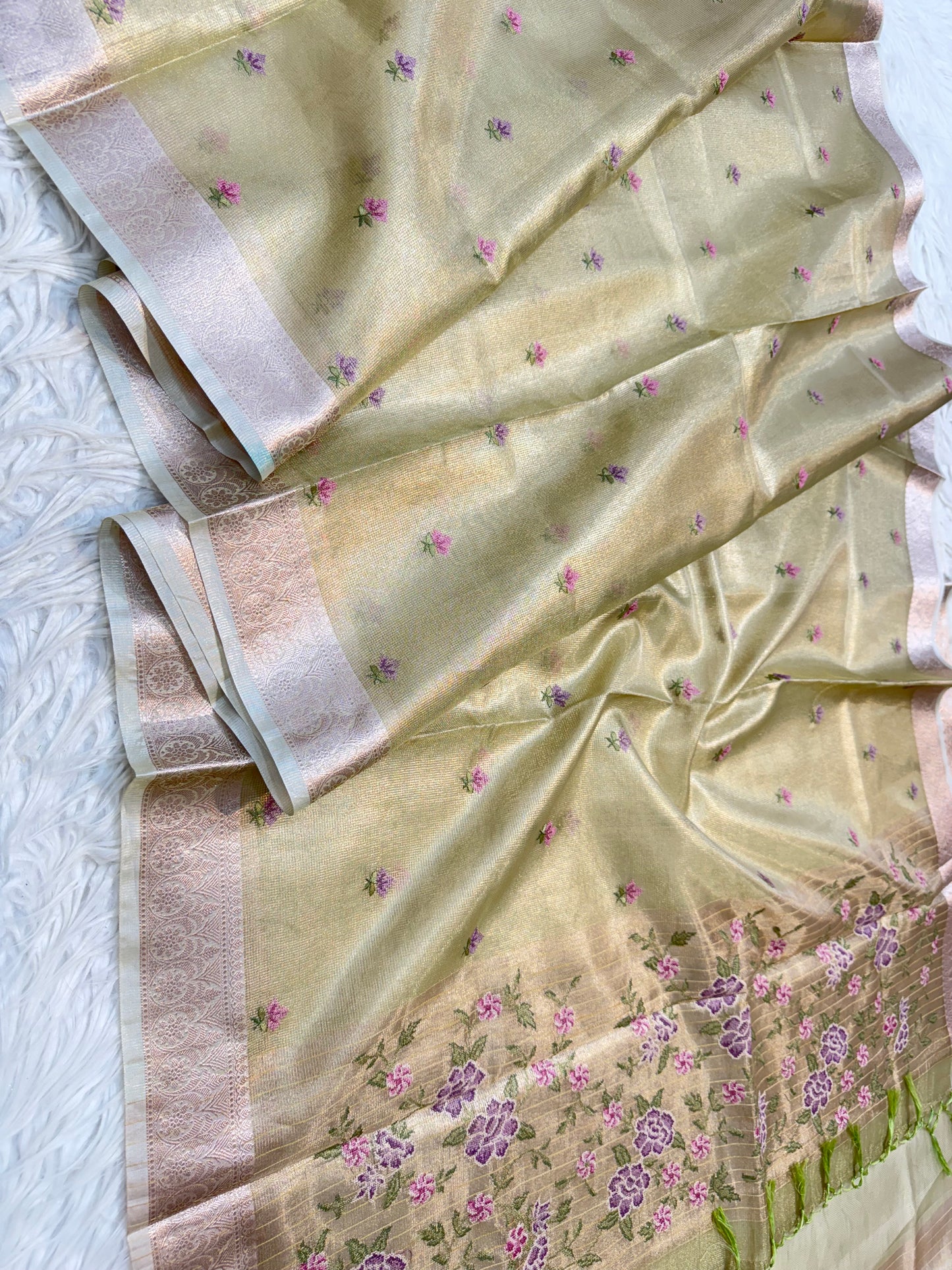 Pista green shade tissue kota embroidery primum Banarasi saree