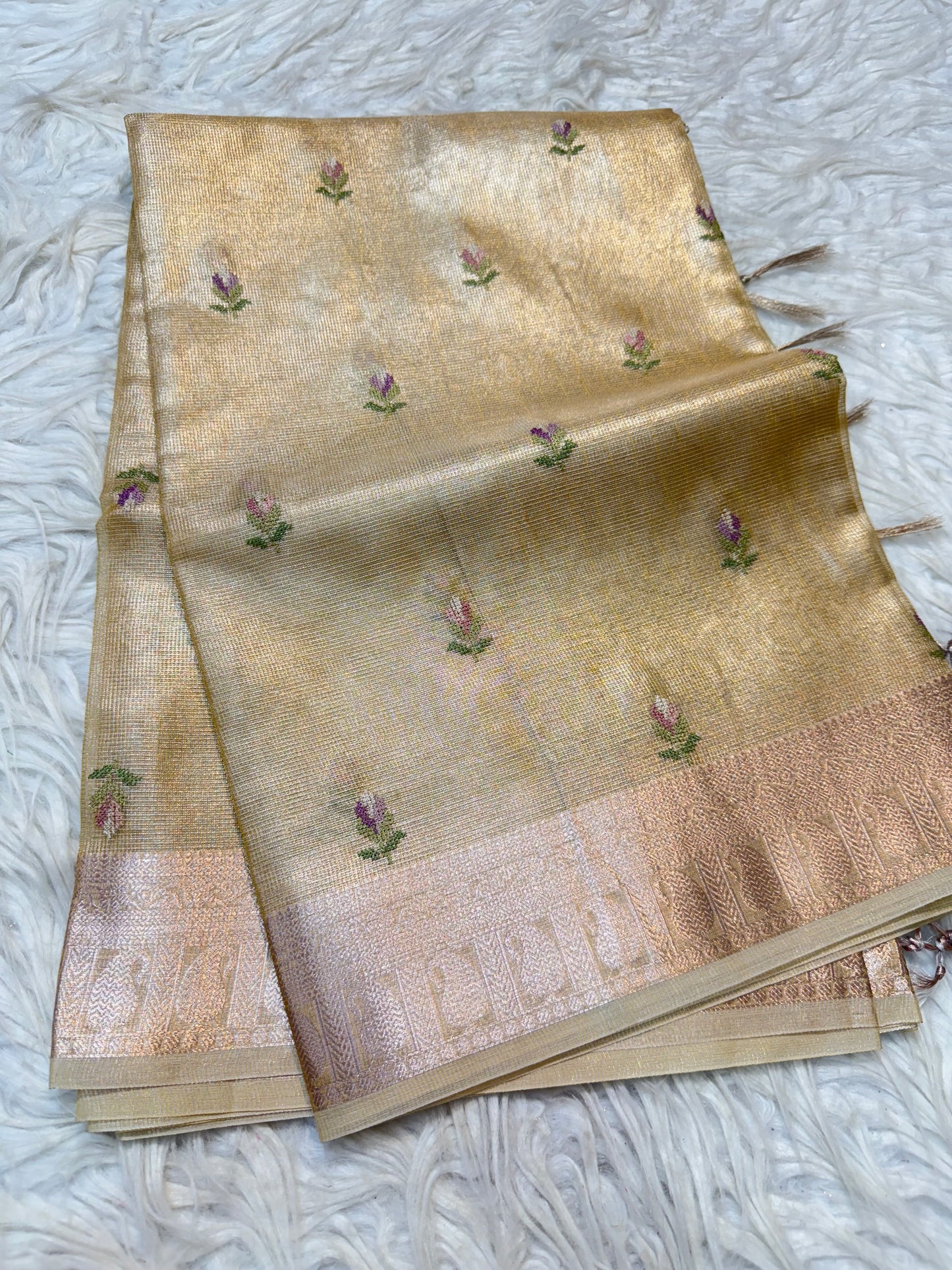Gold shade tissue kota embroidery primum Banarasi saree