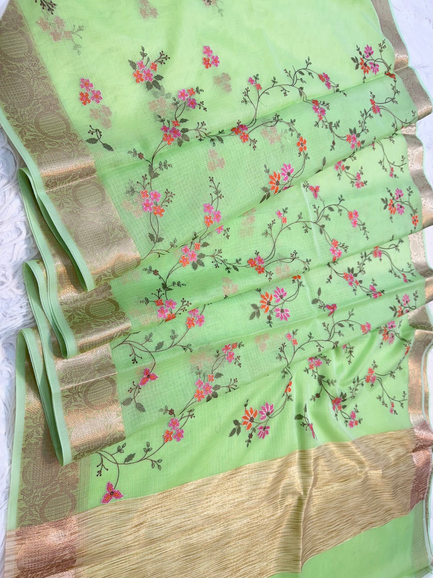 Pista green shade kota embroidery Banarasi saree