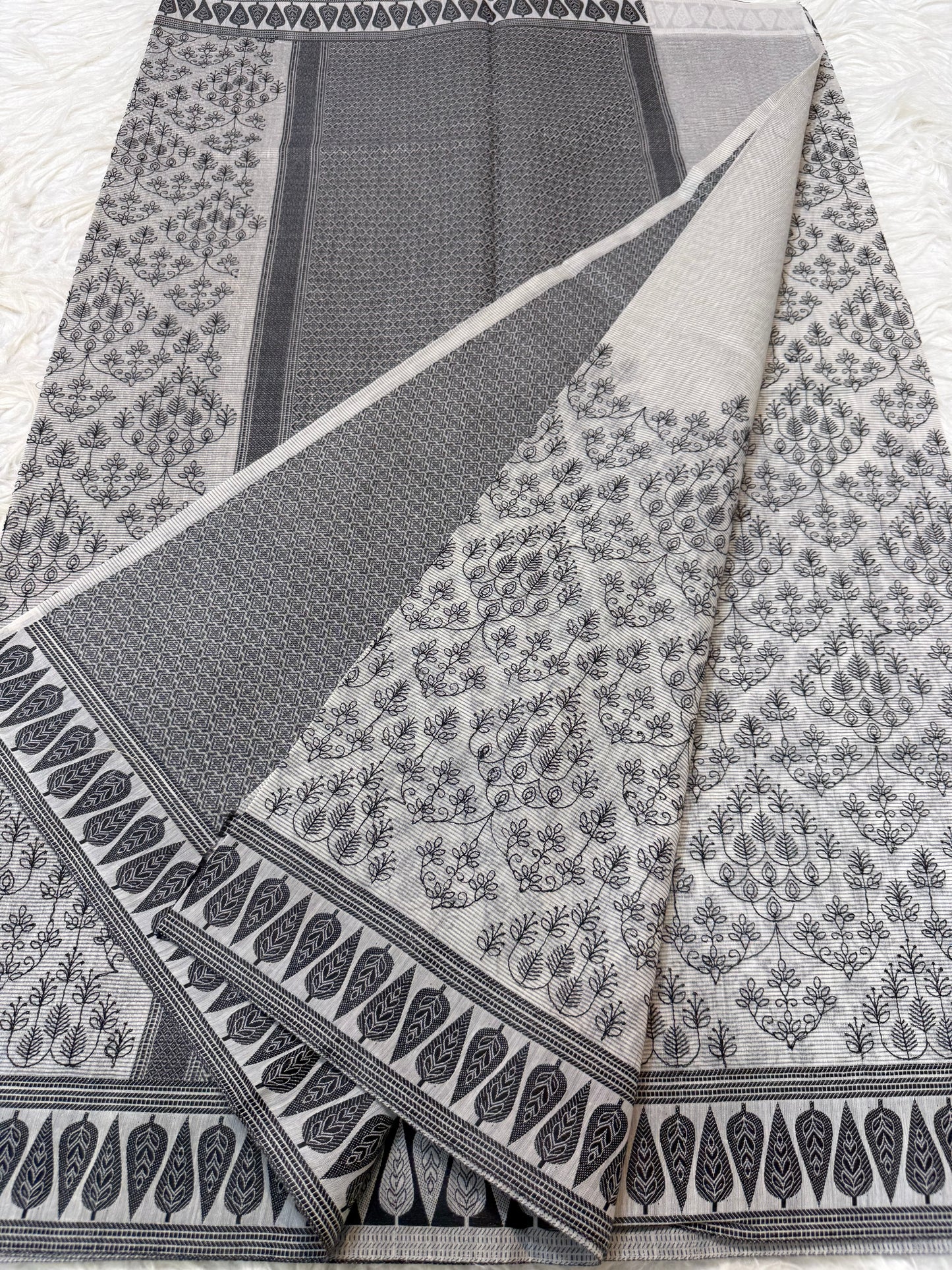 Grey shade cotton kota chickenkari embroidery Banarasi saree