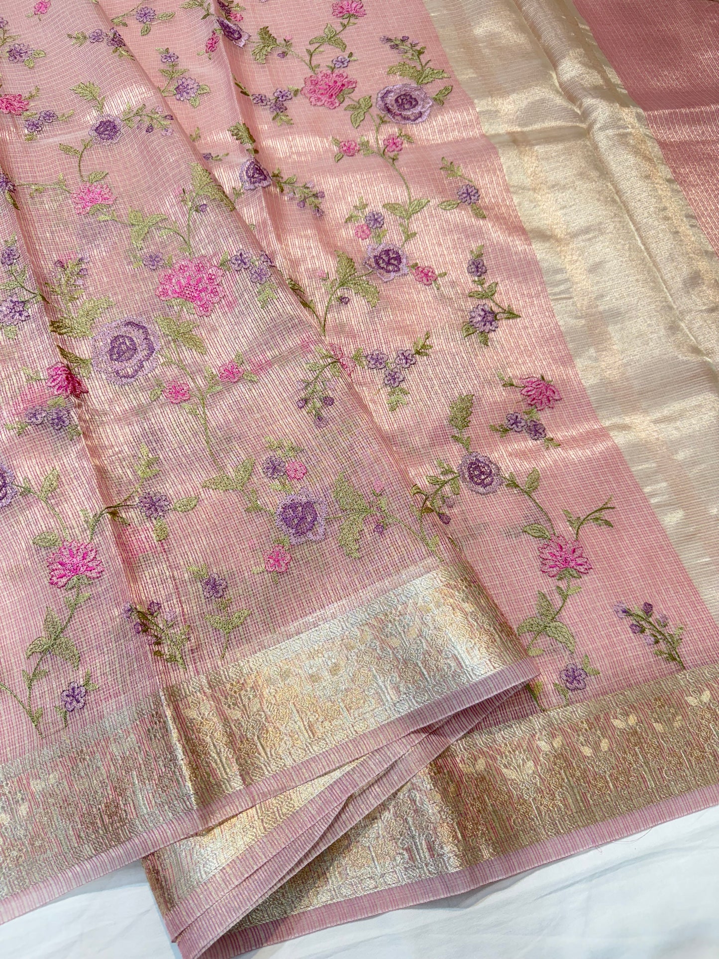 Dusty pink shade tissue kota embroidery primum Banarasi saree