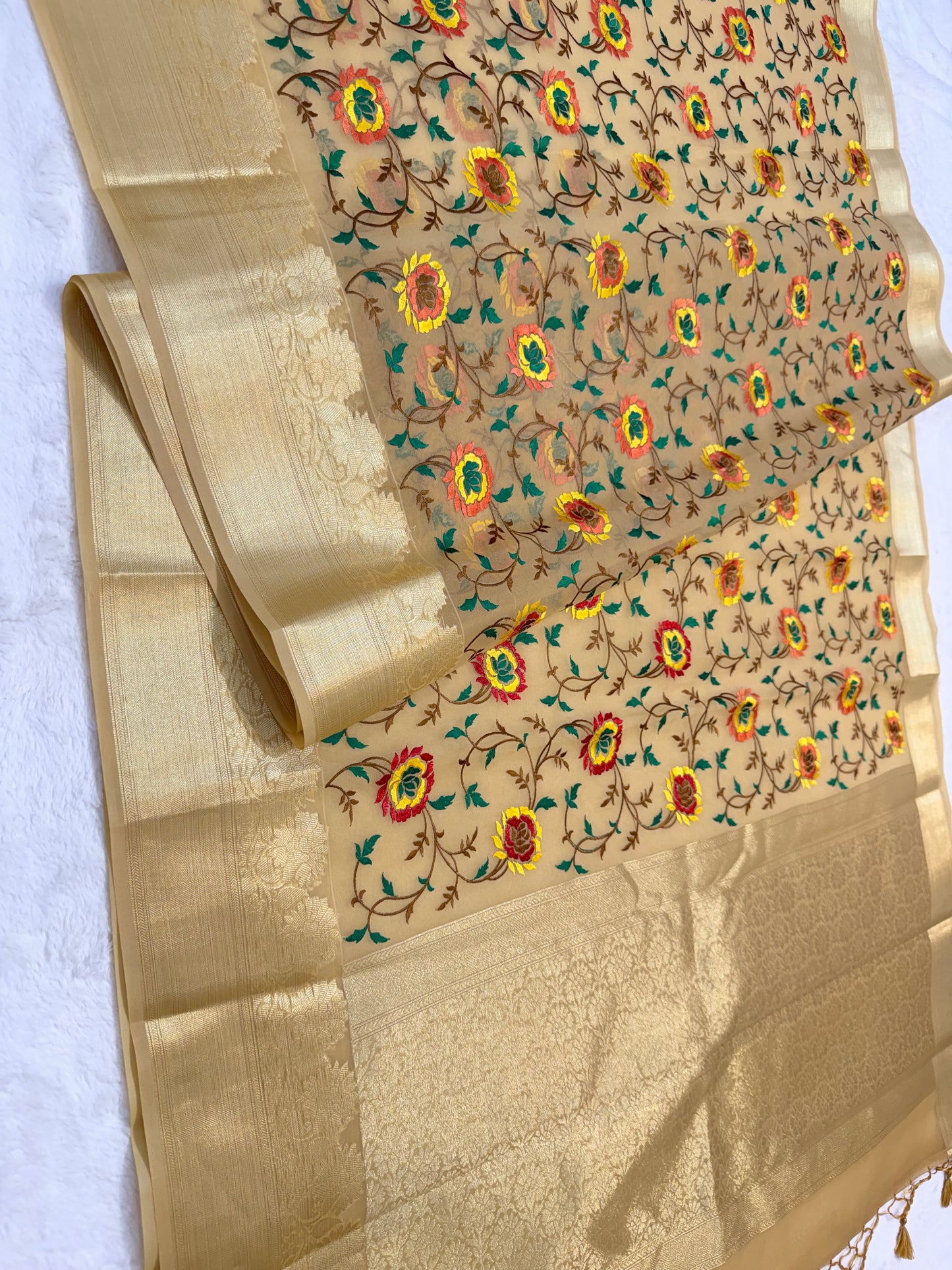 Beige shade organza designer premium embroidery Banarasi saree